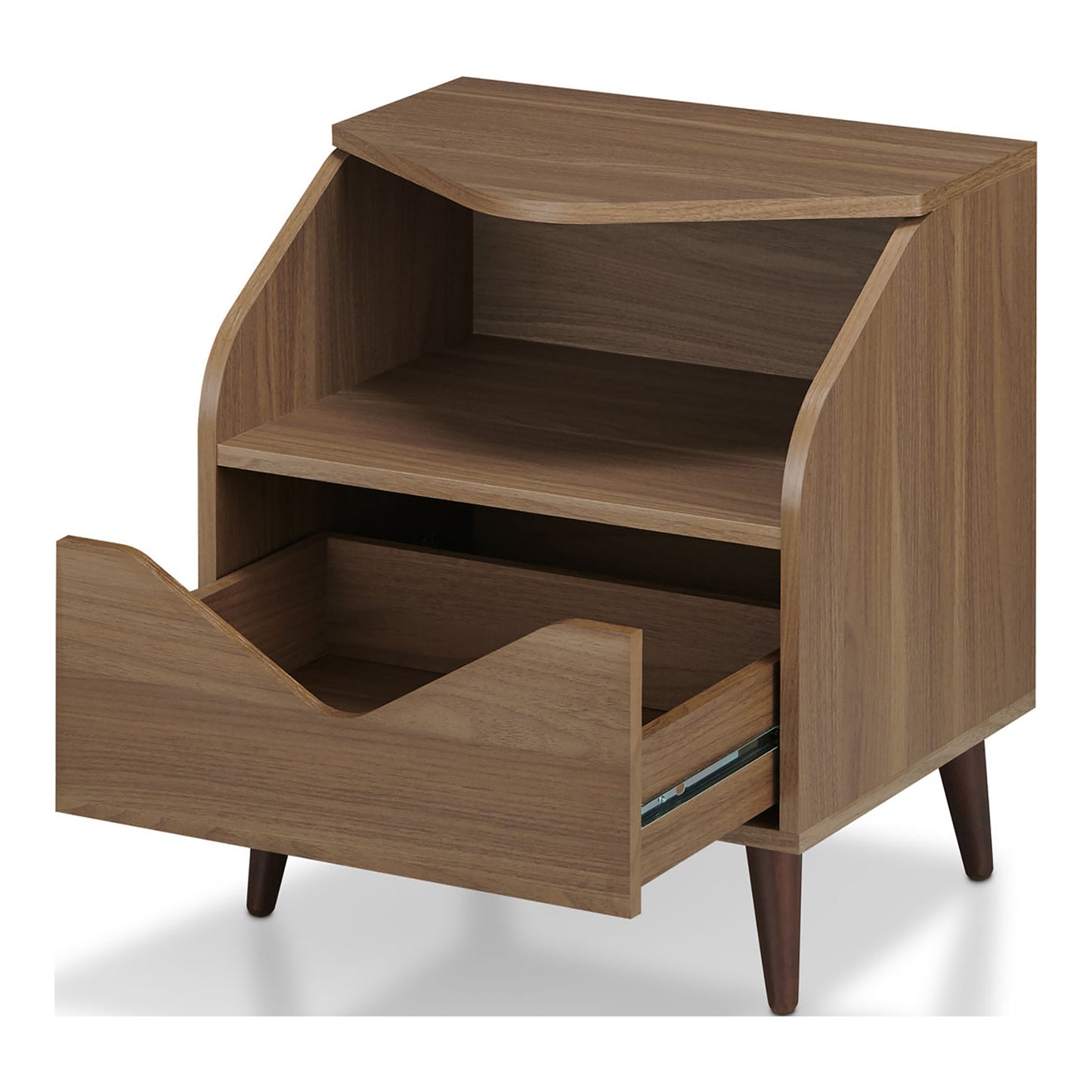 Left angled mid-century modern honey walnut one-drawer end table with drawer open on a white background