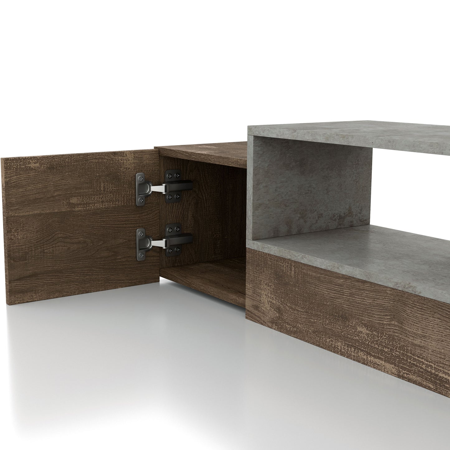 Left angled close up door detail of a rustic reclaimed oak and gray wall mountable storage TV console on a white background