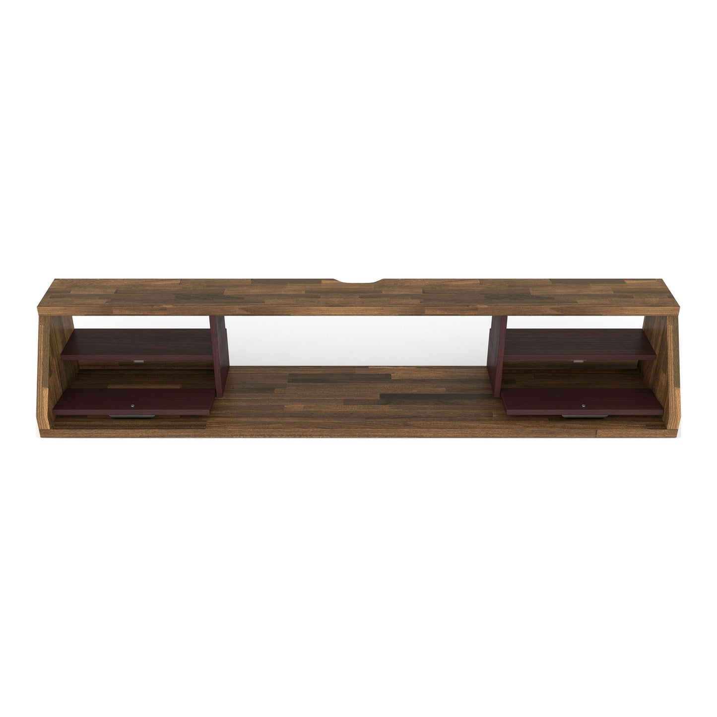 Front-facing modern light hickory and wine multi-shelf floating TV console with cabinet doors open on a white background