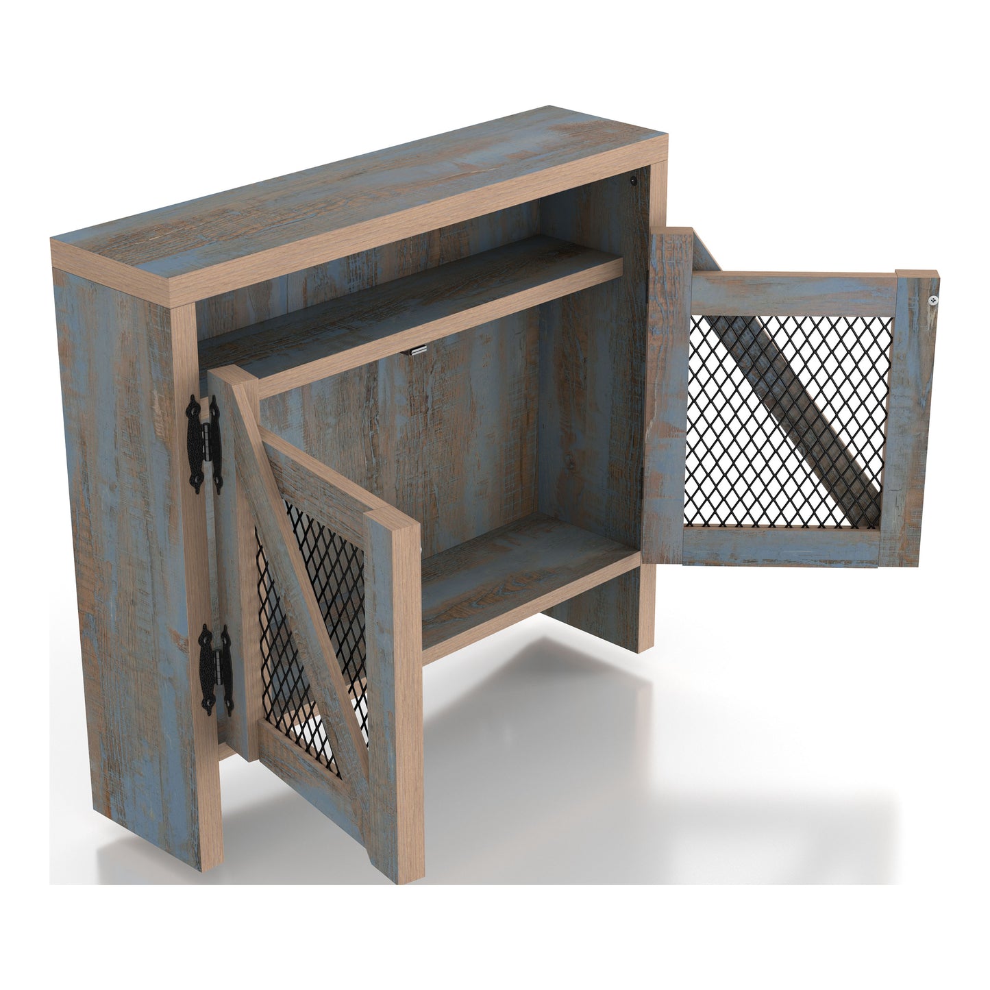 Right angled bird's eye view of a farmhouse distressed blue wood two-door wall organizer with hooks and doors open on a white background