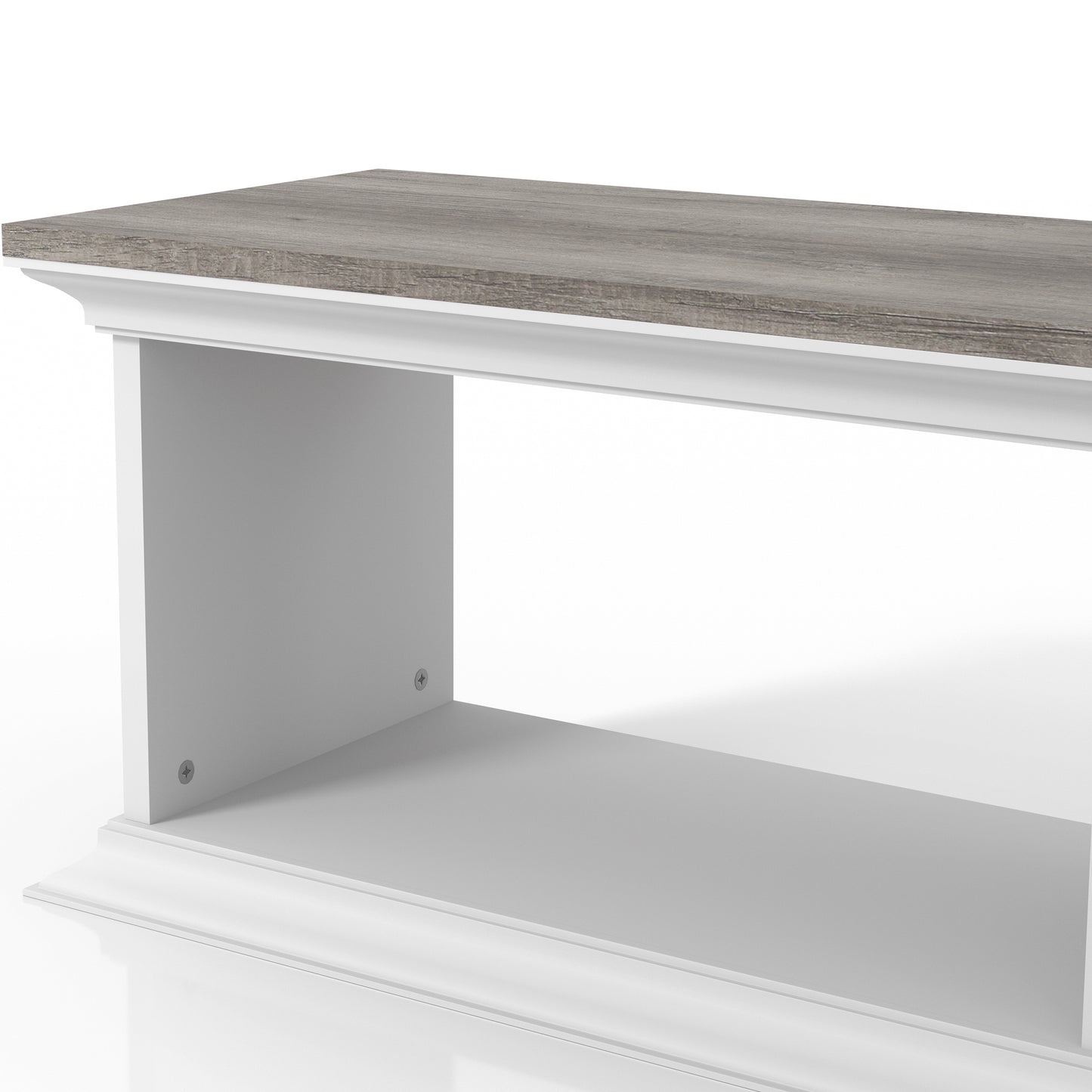 Left angled close up of a transitional vintage gray oak and white floating TV stand with three shelves in a living room with accessories