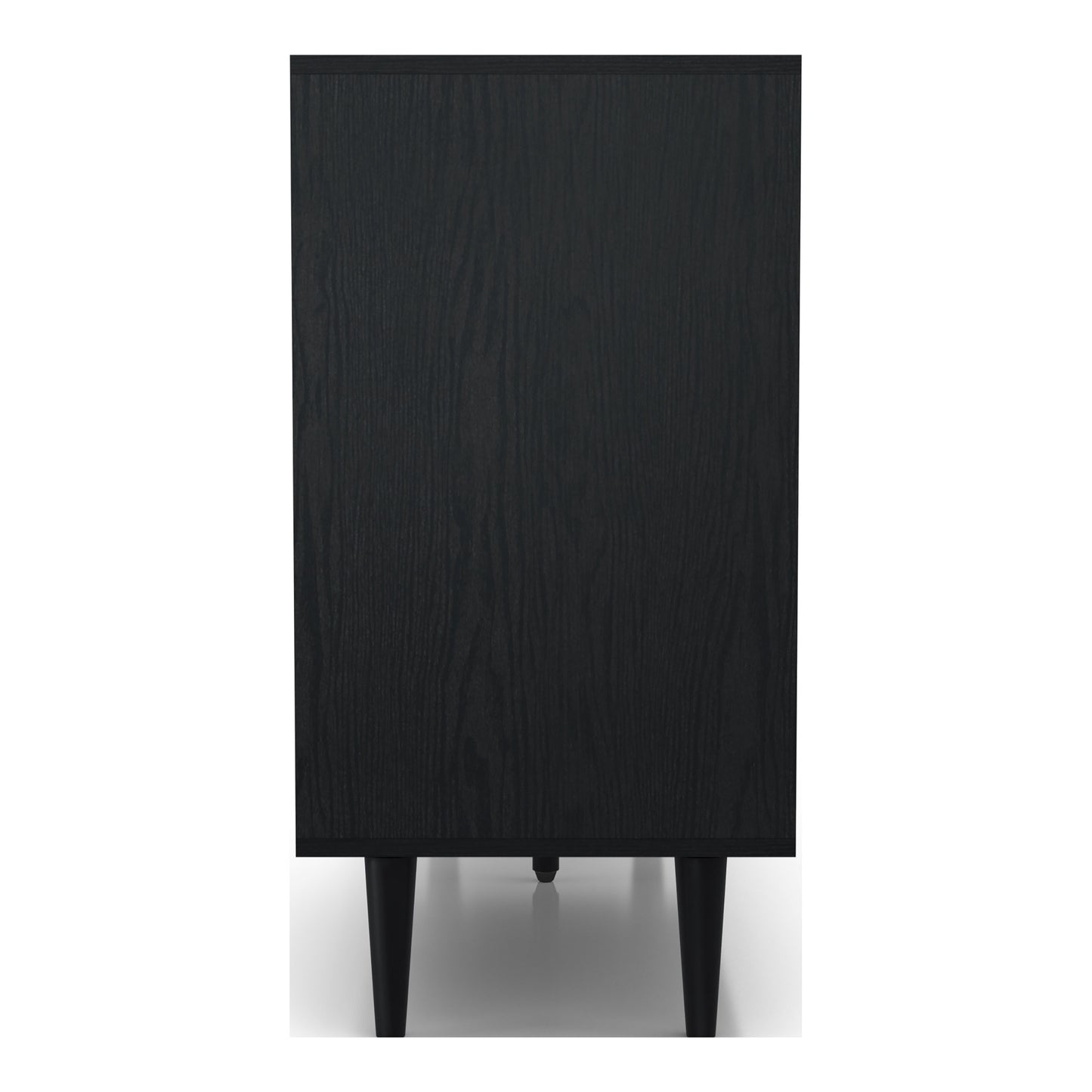 Front-facing side view of a modern light oak and black six-shelf buffet with four doors on a white background