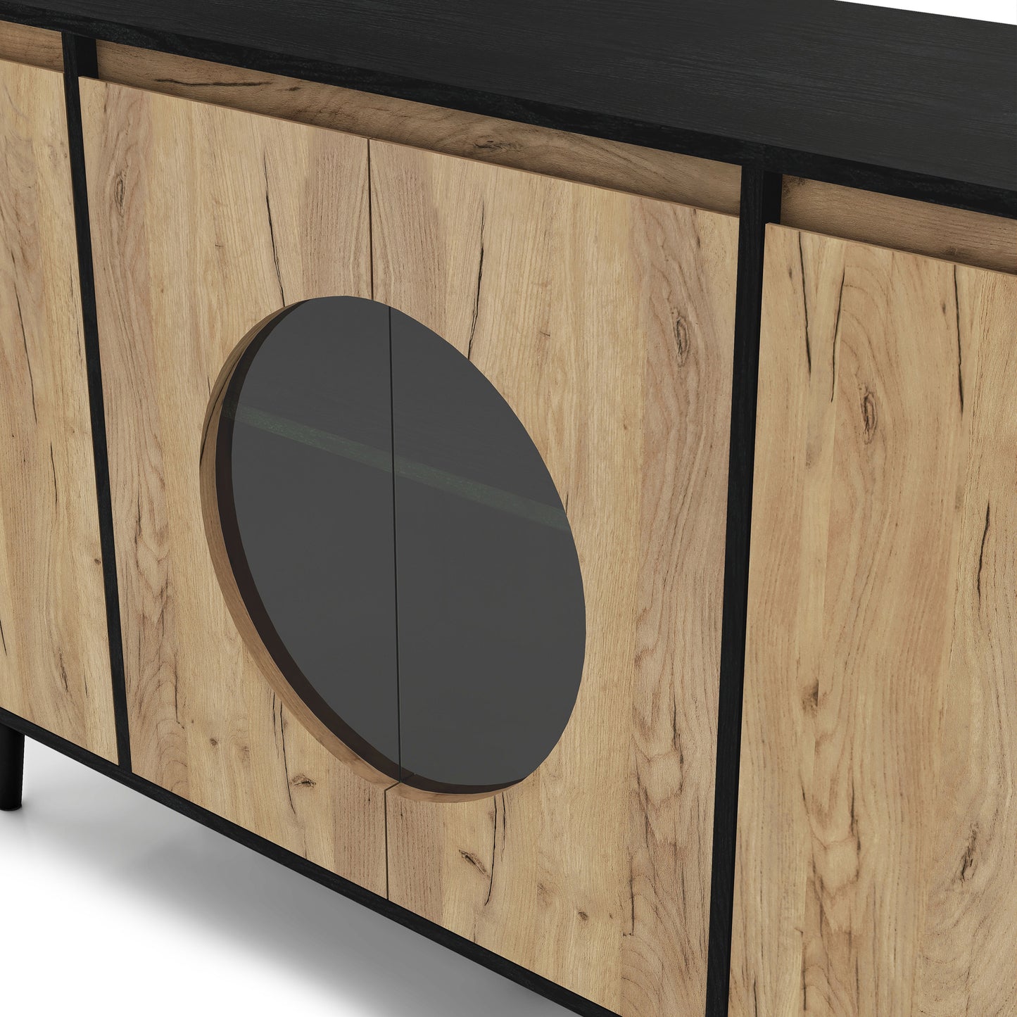 Left angled close-up decorative center doors view of a modern light oak and black six-shelf buffet with four doors on a white background