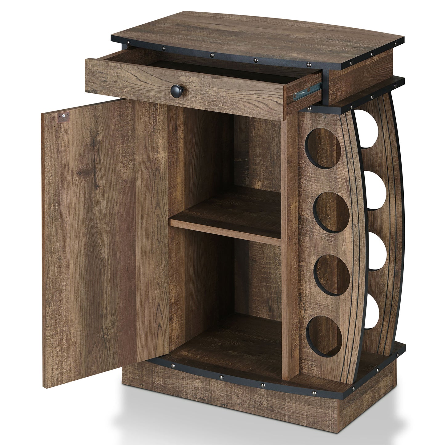 Left angled rustic reclaimed oak bar cabinet with an eight-bottle wine rack and door and drawer open on a white background