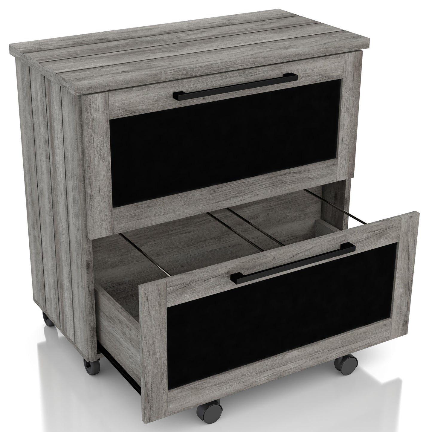 Right angled rustic vintage gray oak two-drawer mobile filing cabinet with chalkboard drawer fronts and bottom drawer open on a white background