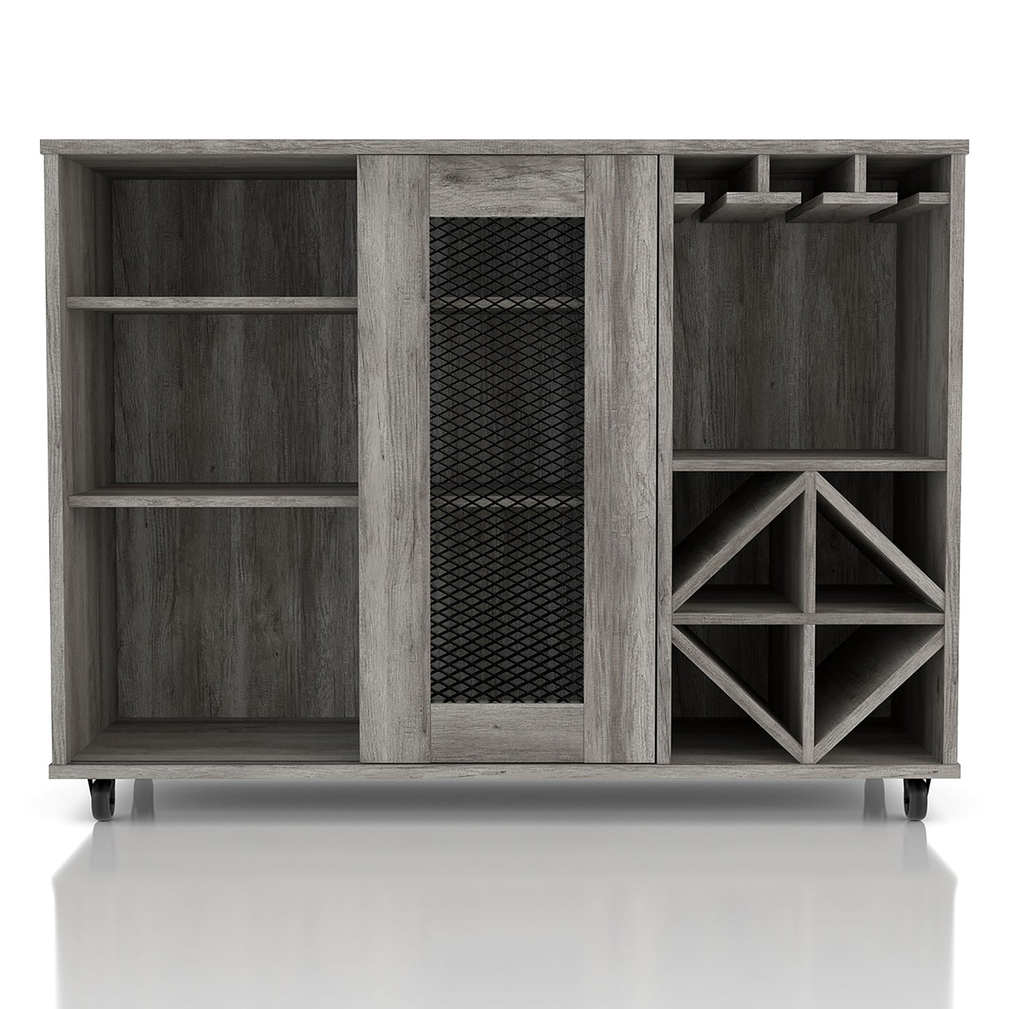 Front-facing rustic vintage gray oak mobile two-sliding door bar cart with stemware and bottle storage on a white background