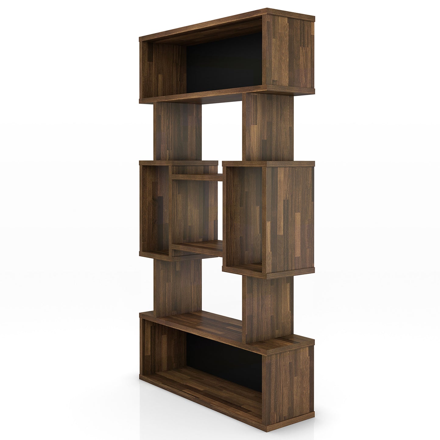 Left angled modern light hickory open cubic bookcase display shelf on a white background