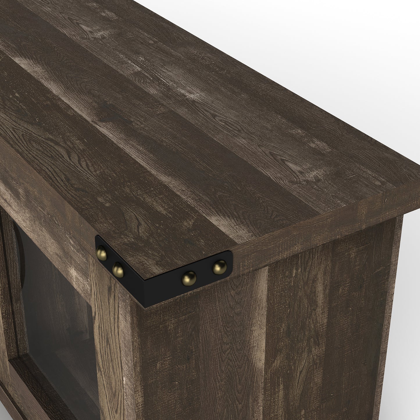 Left angled tabletop/hardware close-up view of a modern reclaimed oak four-shelf wall mountable TV stand with glass doors on a white background