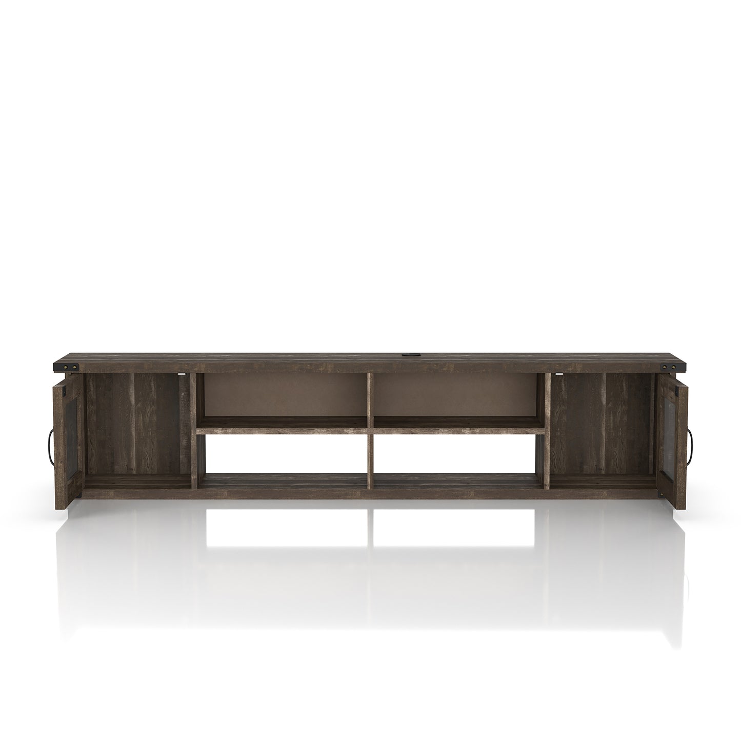 Front-facing modern reclaimed oak four-shelf wall mountable TV stand with glass doors open on a white background