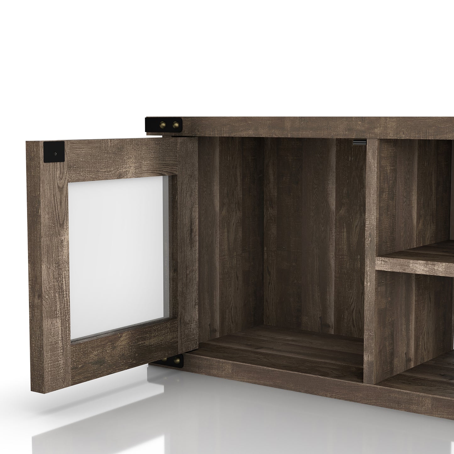 Left angled door open close-up view of a modern reclaimed oak four-shelf wall mountable TV stand with glass doors on a white background