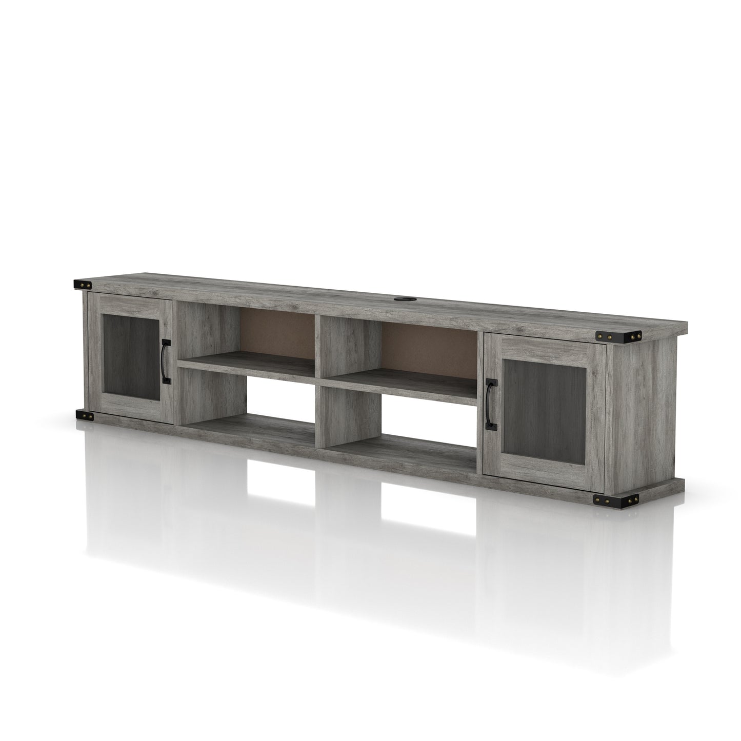 Left angled upper view of a modern vintage gray oak four-shelf wall mountable TV stand with glass doors on a white background