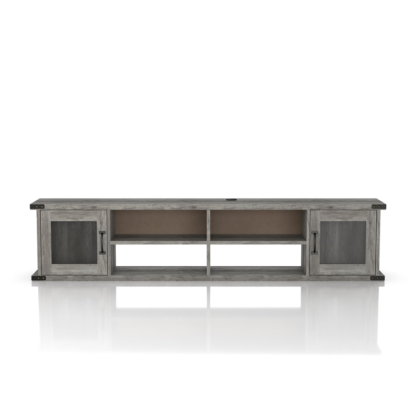 Front-facing upper view of a modern vintage gray oak four-shelf wall mountable TV stand with glass doors on a white background