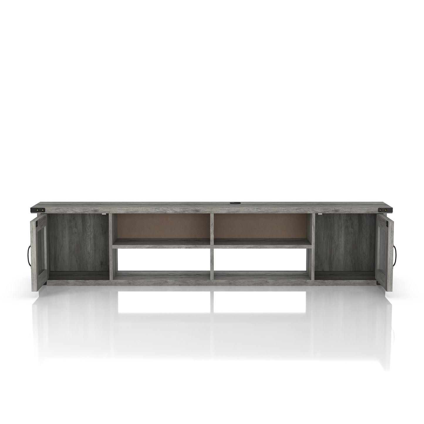 Front-facing modern vintage gray oak four-shelf wall mountable TV stand with glass doors open on a white background