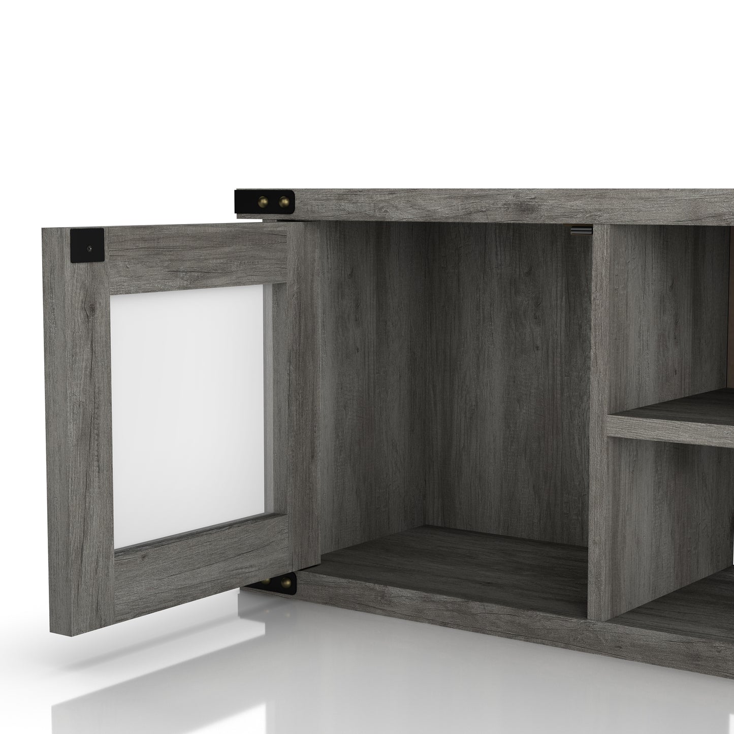 Left angled door open close-up view of a modern vintage gray oak four-shelf wall mountable TV stand with glass doors on a white background