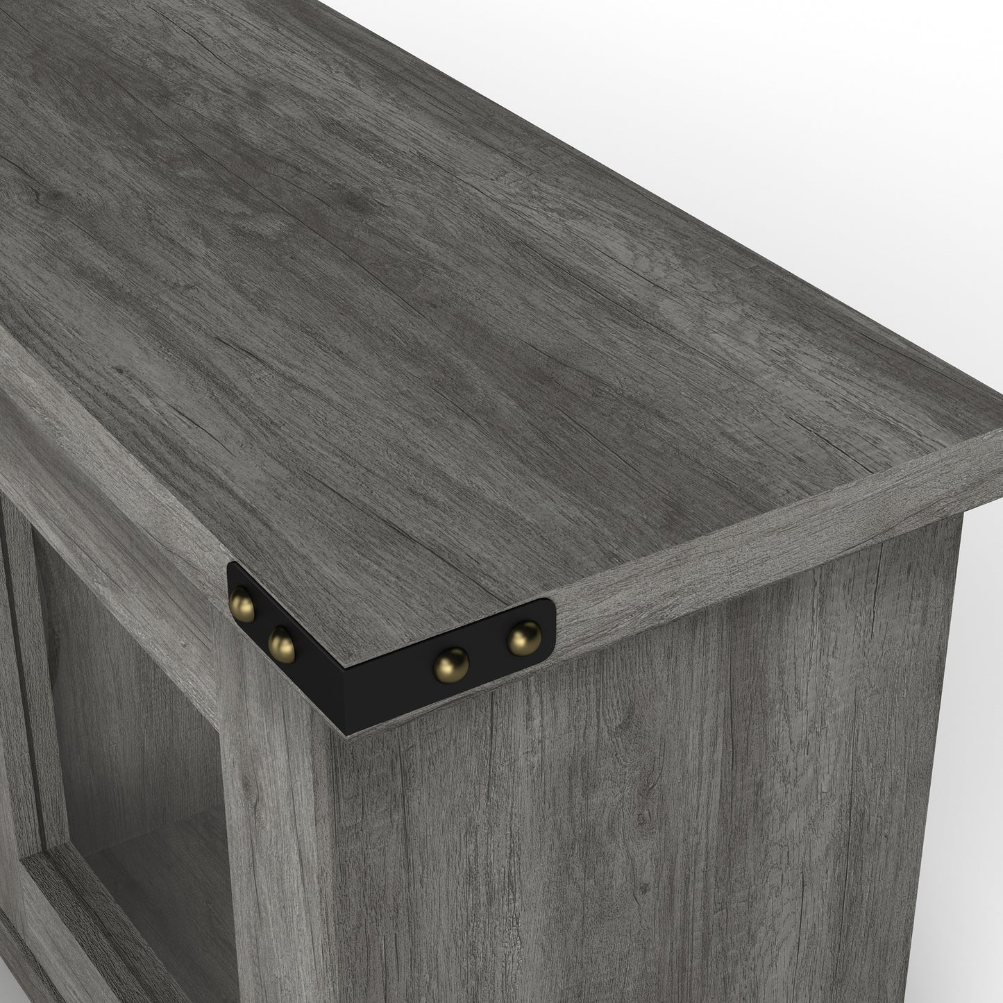 Left angled tabletop/hardware close-up view of a modern vintage gray oak four-shelf wall mountable TV stand with glass doors on a white background