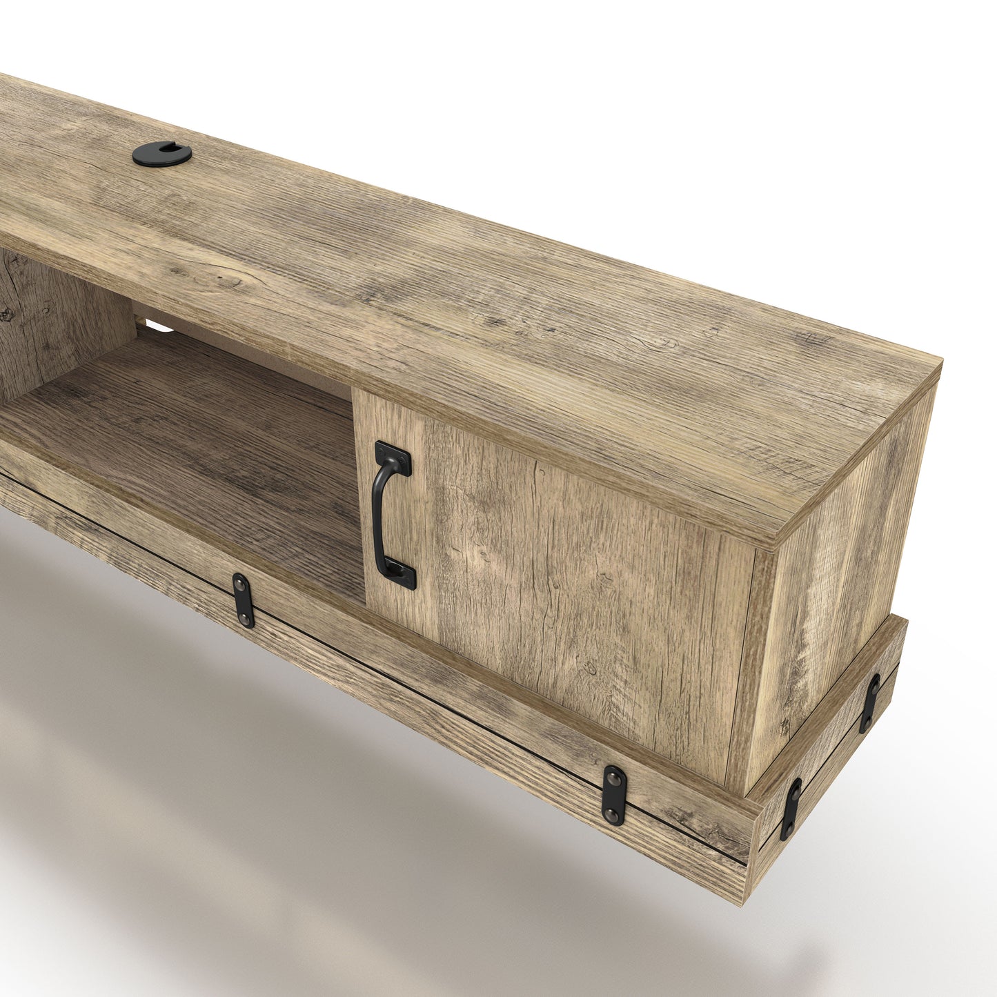 Left angled upper close-up view of a rustic weathered oak two-door two-shelf floating TV stand on a white background