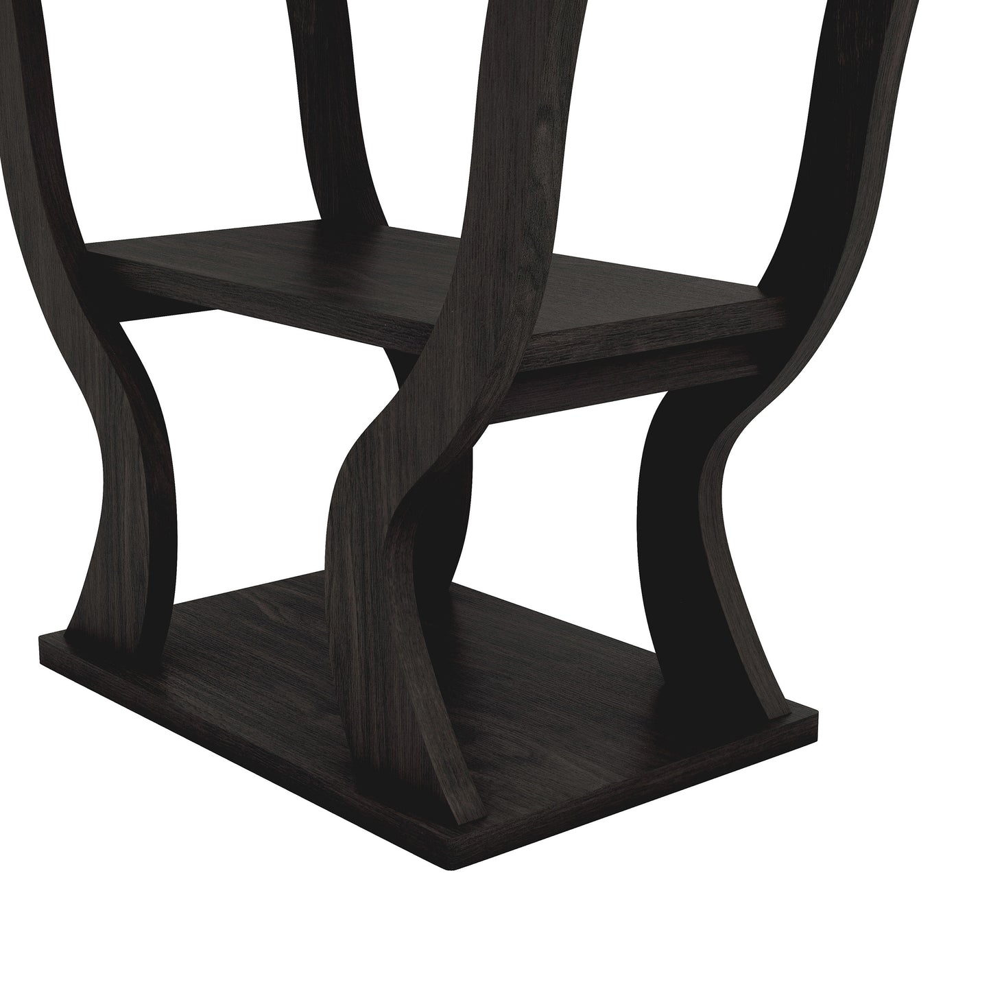 Left angled close-up shelf/base detail view of a transitional espresso curvy console table on a white background