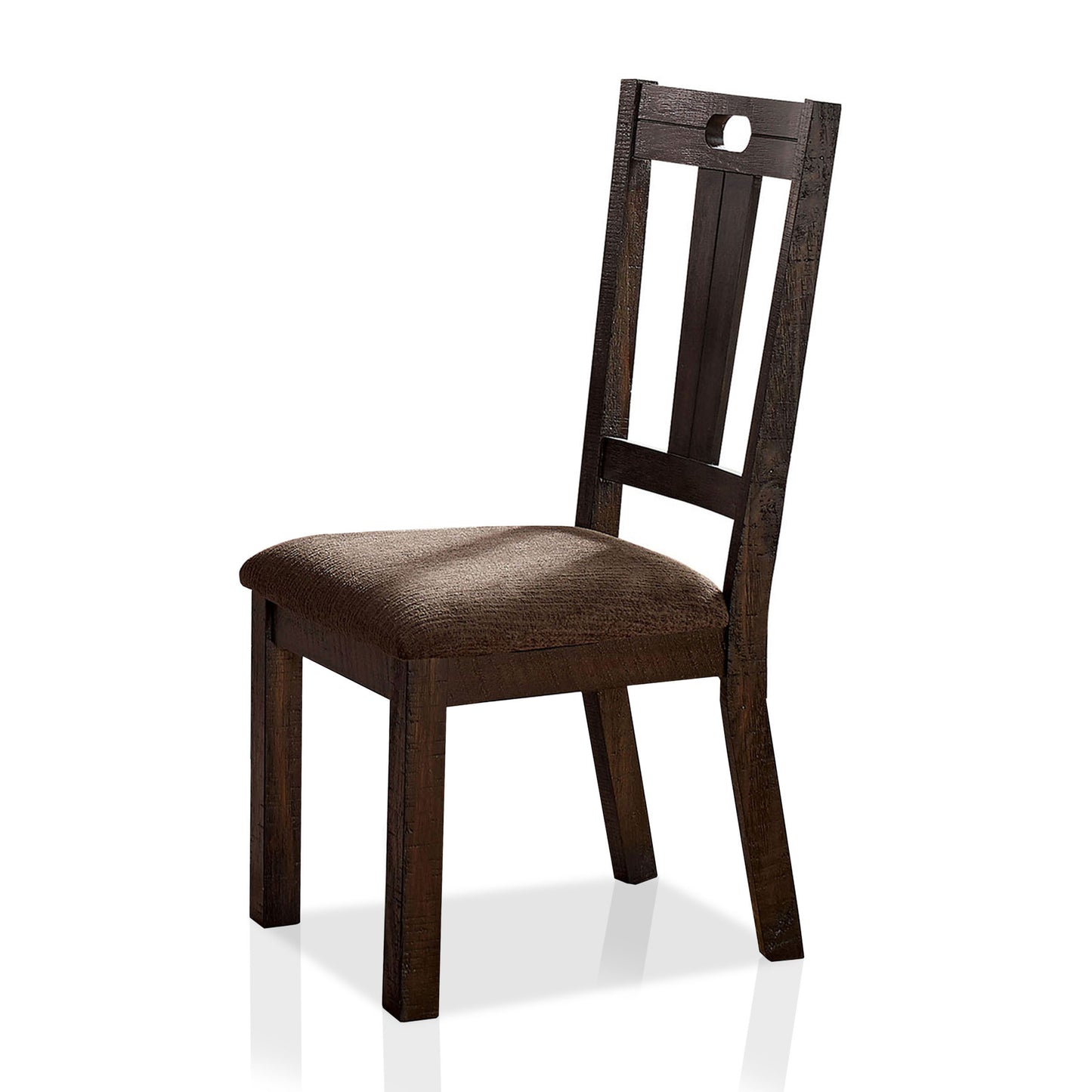 Left angled single chair only side view from a set of two transitional/rustic walnut and ash brown splat back dining chairs on a white background