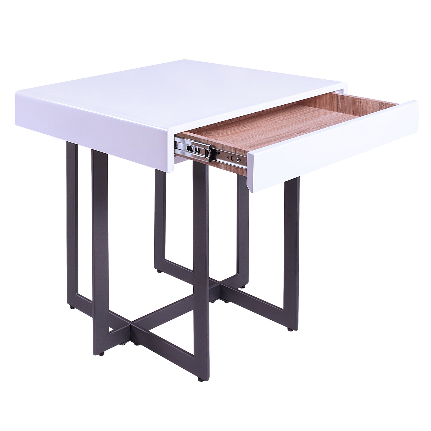 Right angled end table only from a three-piece modern white high gloss and gunmetal storage coffee table set with hidden drawer open on a white background
