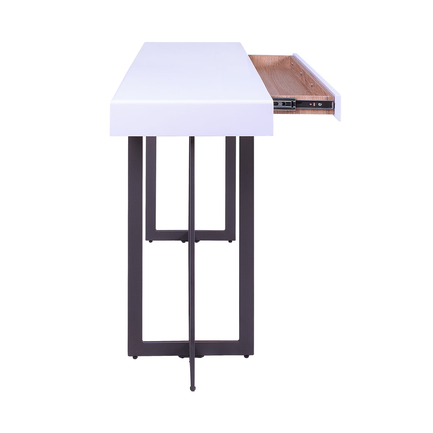 Front-facing console table only side view from a three-piece modern white high gloss and gunmetal storage coffee table set with hidden drawer open on a white background