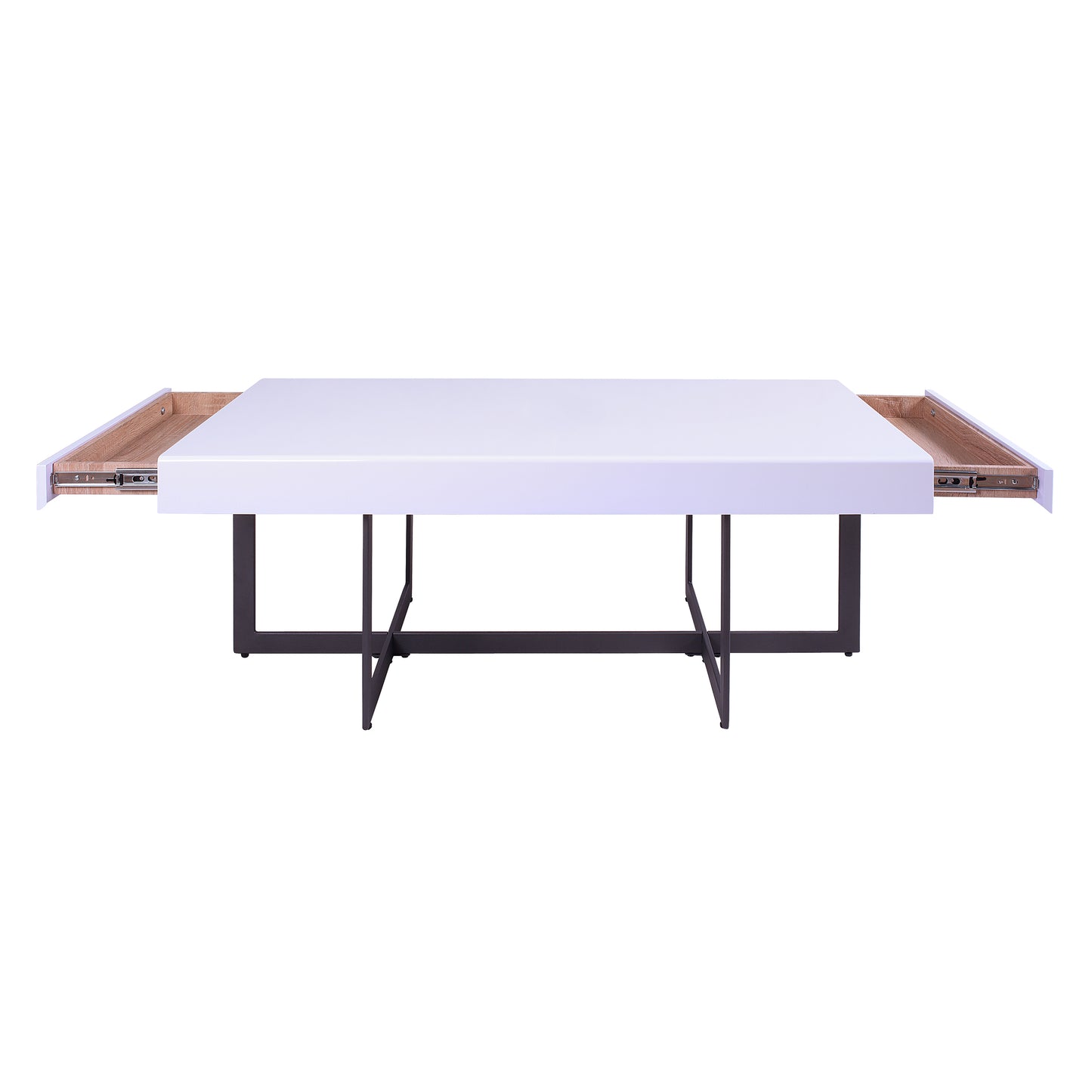 Front-facing coffee table only from a three-piece modern white high gloss and gunmetal storage coffee table set with hidden drawers open on a white background