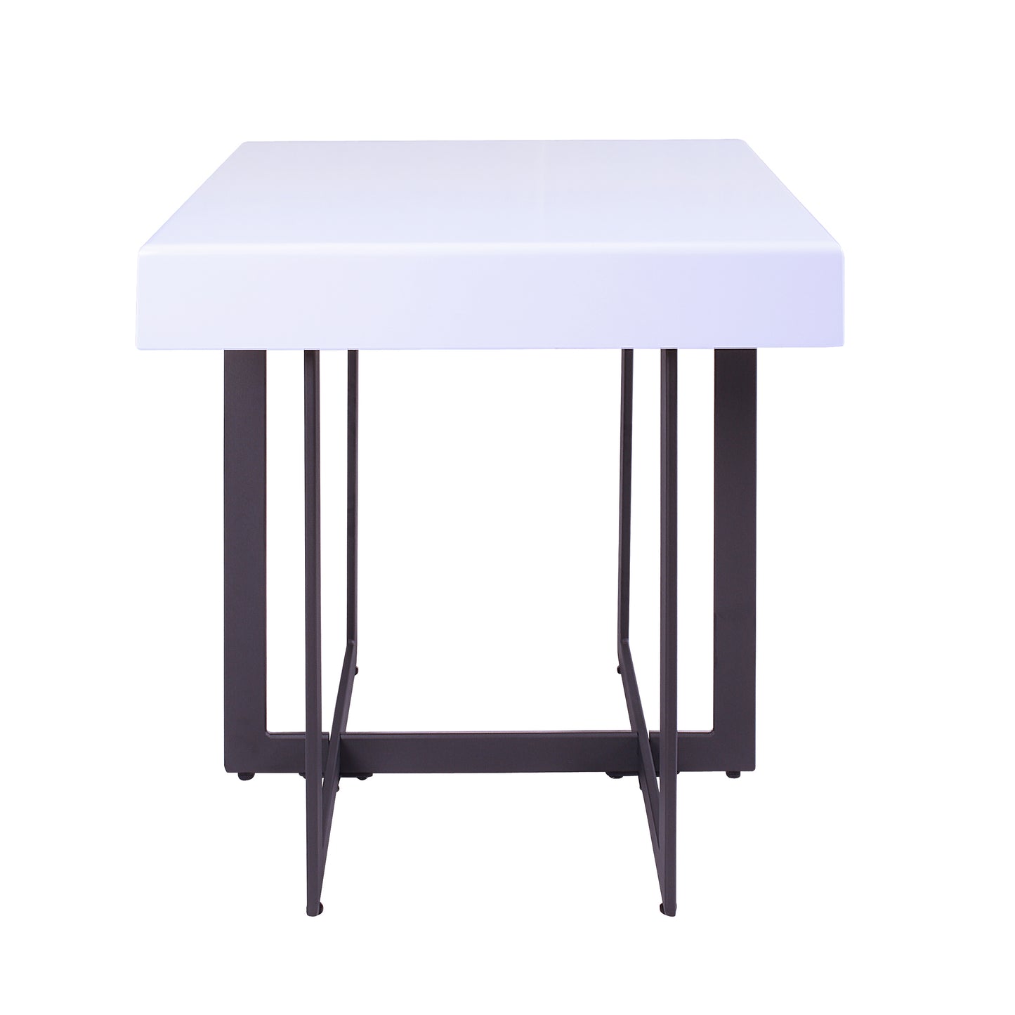 Front-facing side view of a modern white high gloss and gunmetal storage end table with a hidden drawer on a white background