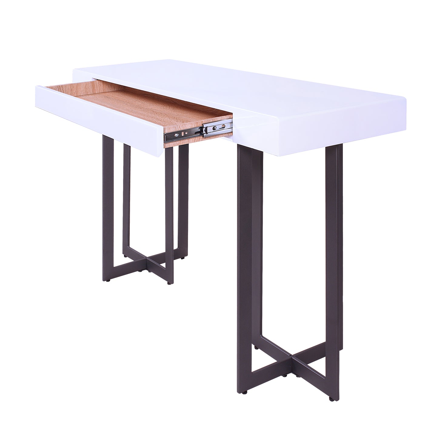 Left angled modern white high gloss and gunmetal storage console table with a hidden drawer open on a white background