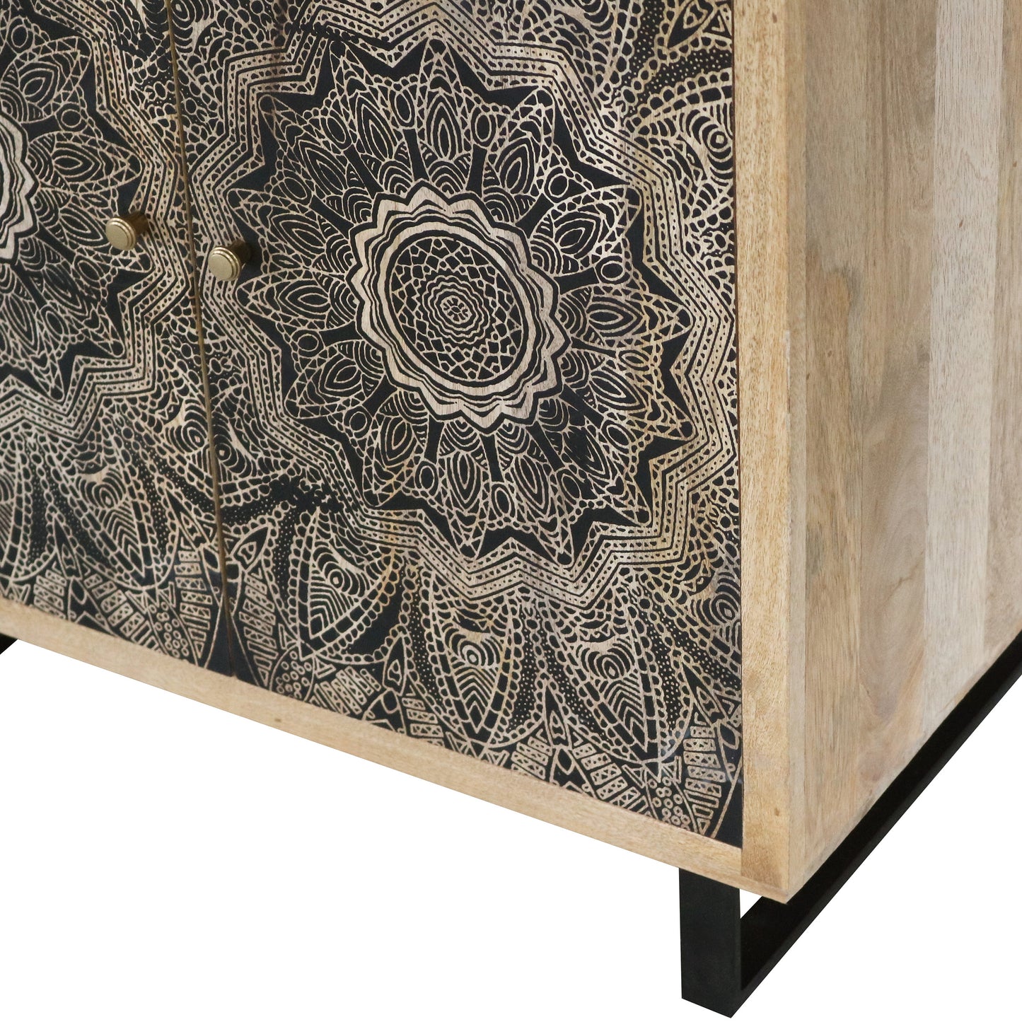 Left angled close-up door front/base detail view of a farmhouse natural and black five-shelf wine rack with medallion designs on a white background