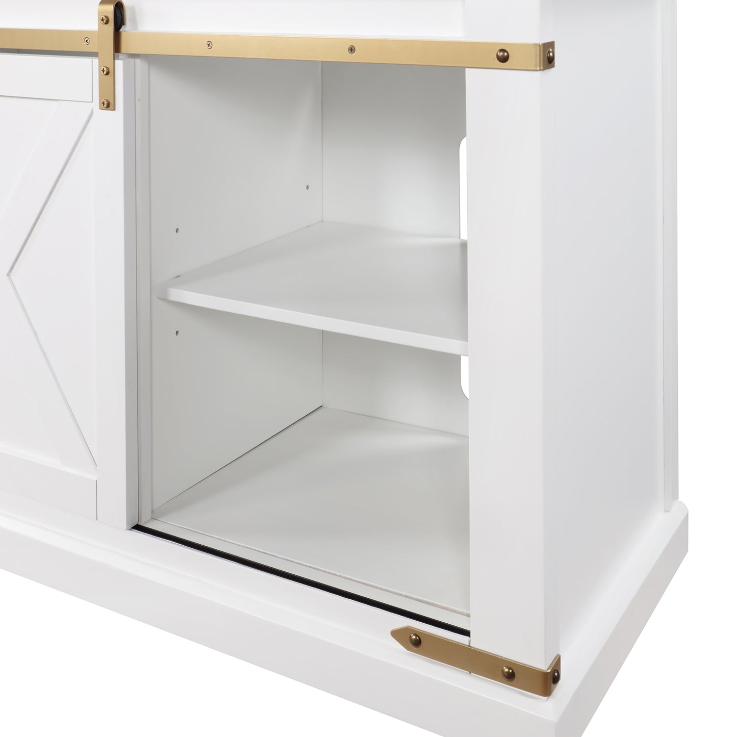 Left angled close-up sliding door/shelves detail on a farmhouse white and gold sliding door TV stand on a white background