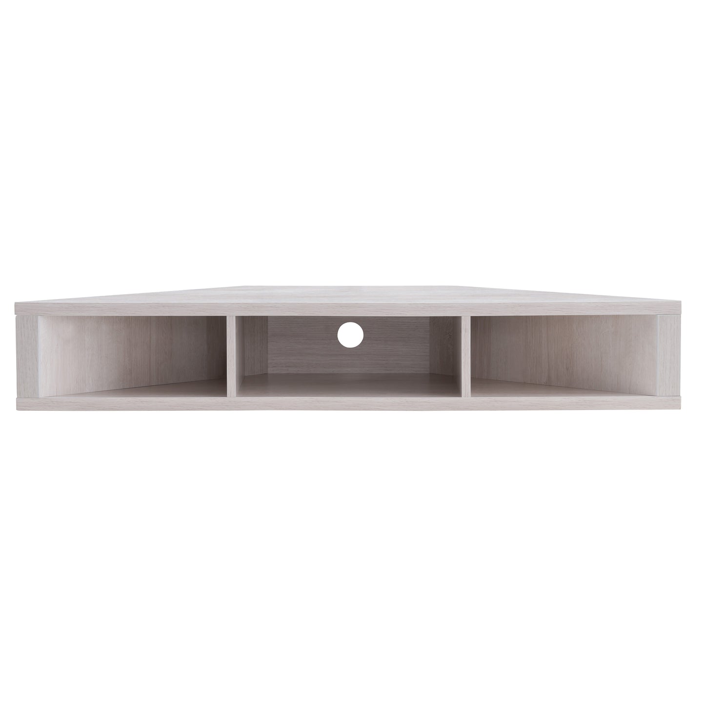 Front-facing modern white oak corner three-shelf floating TV stand on a white background