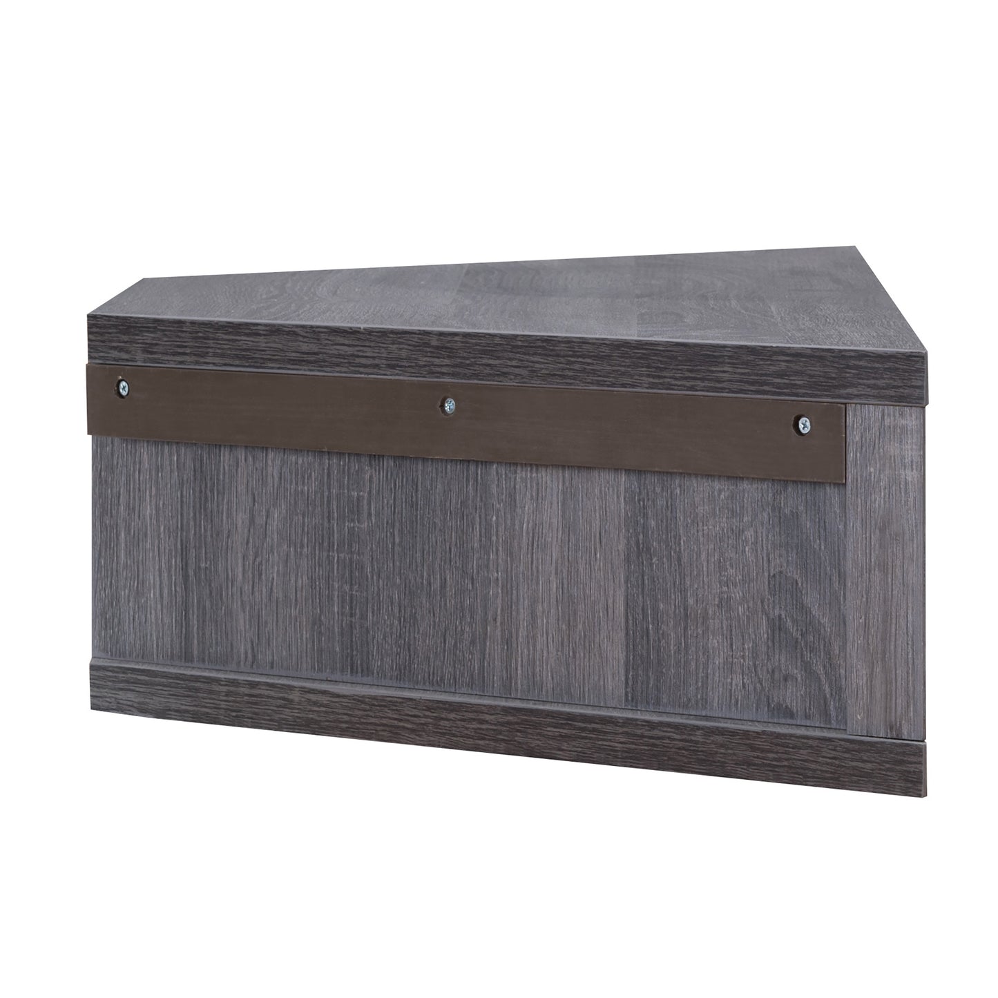 Front-facing side view of a modern distressed gray corner three-shelf floating TV stand on a white background