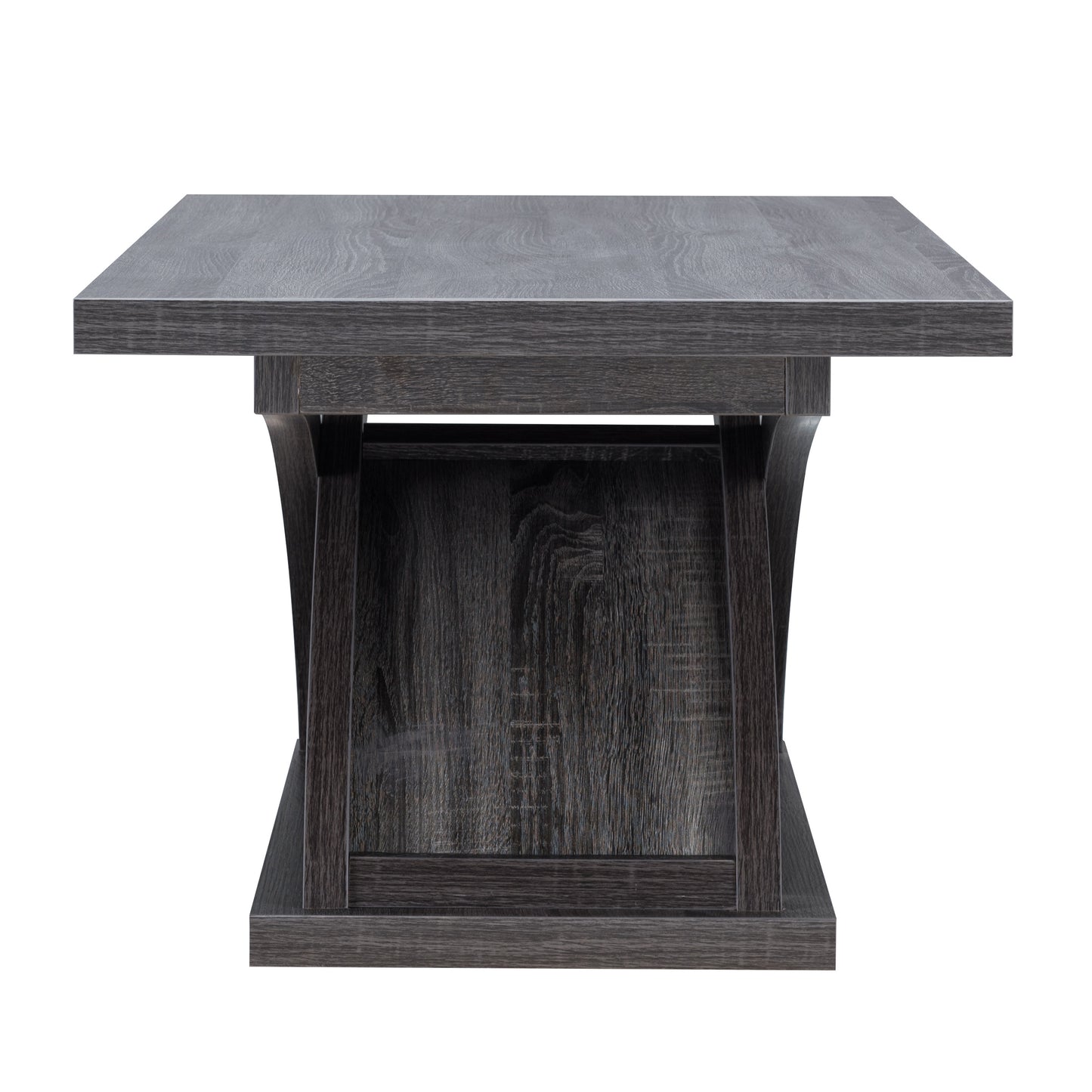 Front-facing side view of a contemporary distressed gray X-base coffee table on a white background