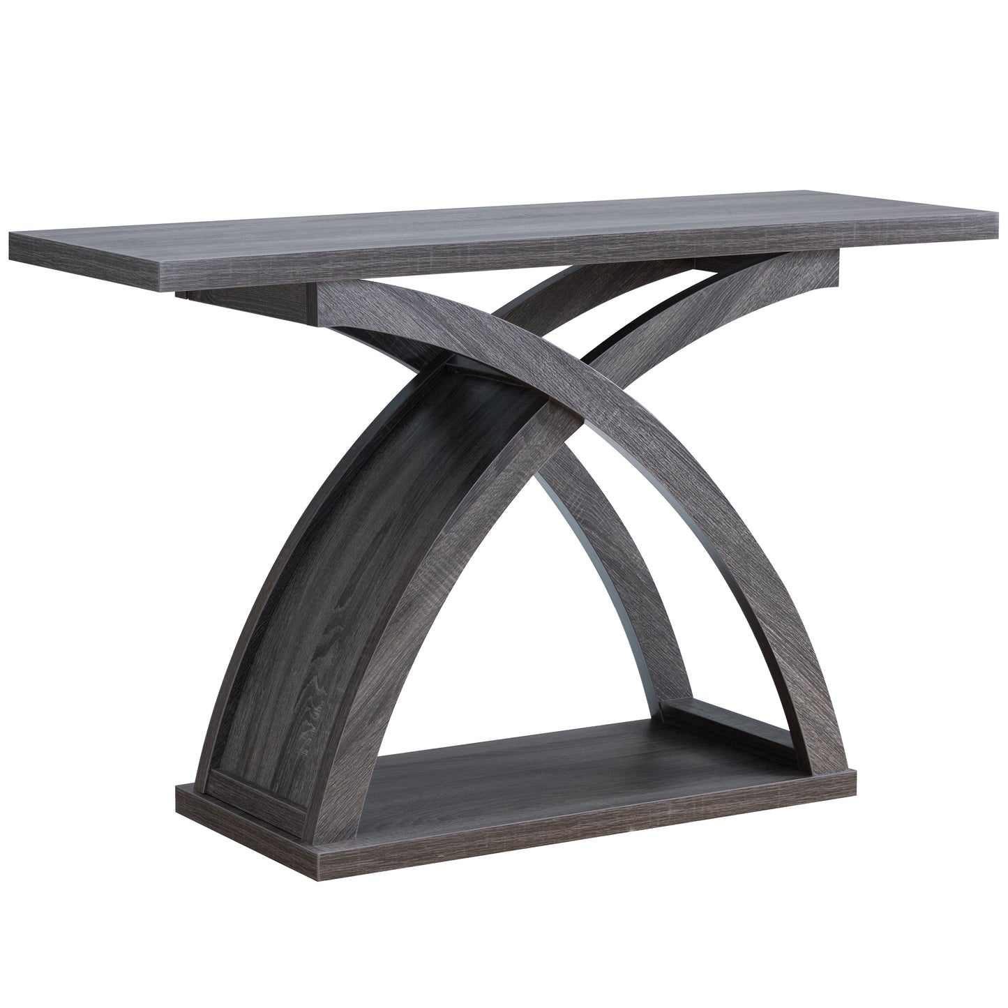 Right angled contemporary distressed gray X-base sofa table on a white background