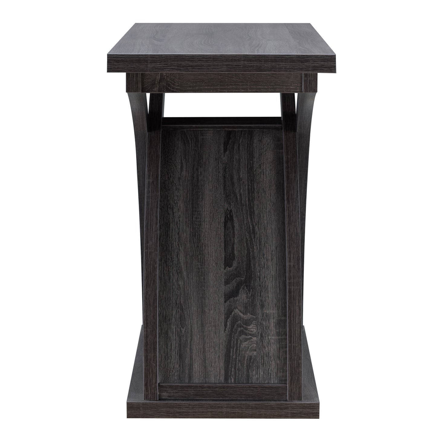 Front-facing side view of a contemporary distressed gray X-base sofa table on a white background