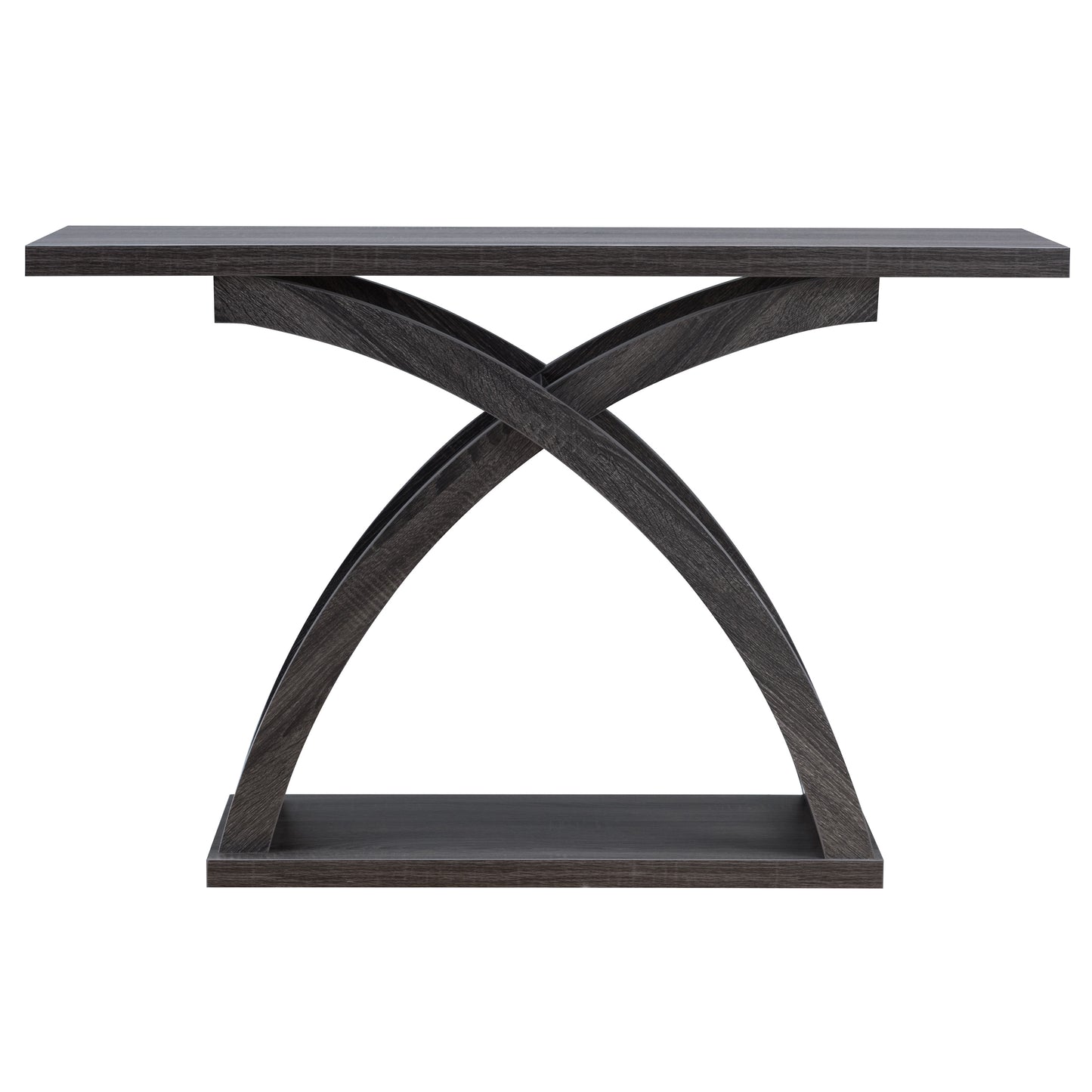 Front-facing contemporary distressed gray X-base sofa table on a white background