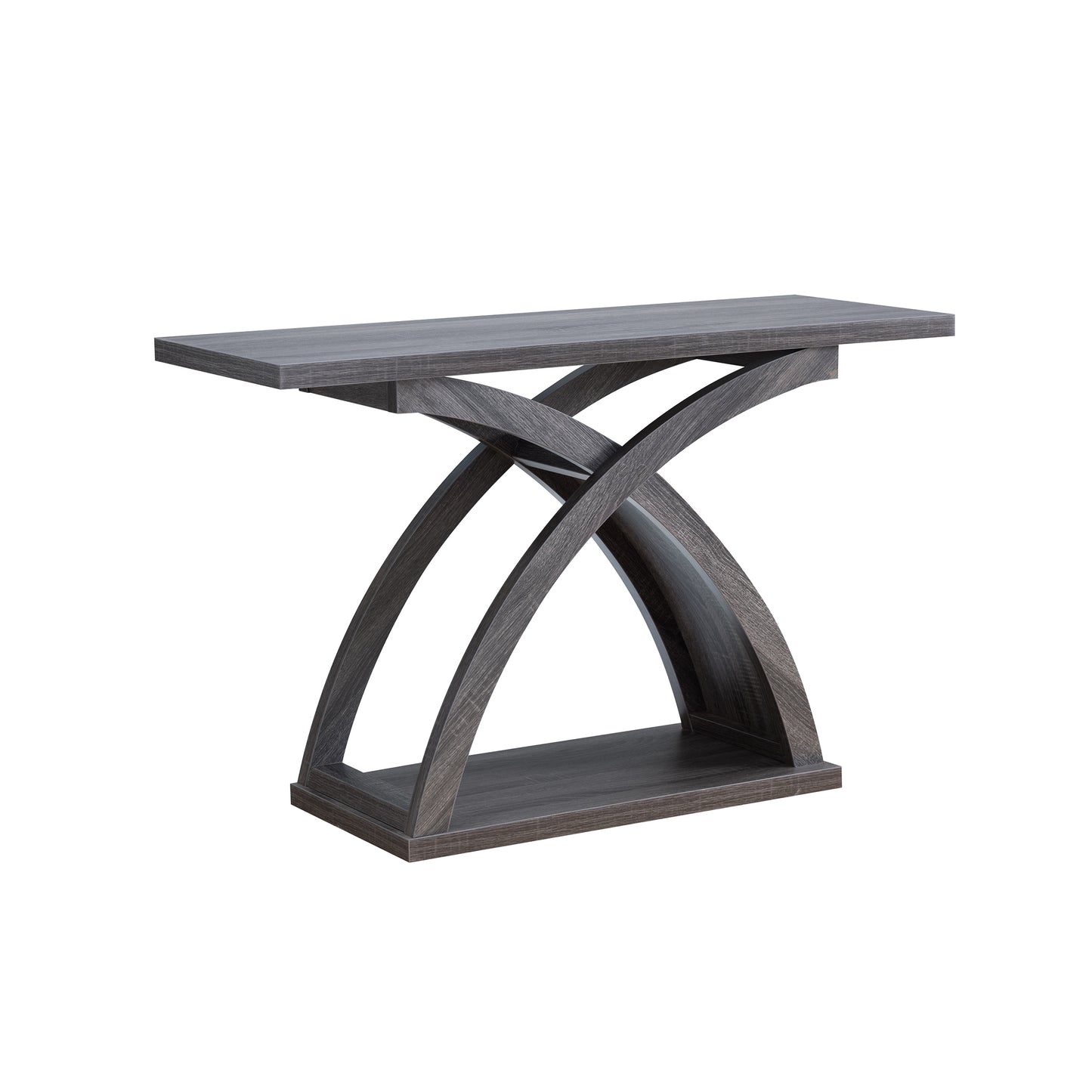 Right angled contemporary distressed gray X-base sofa table on a white background