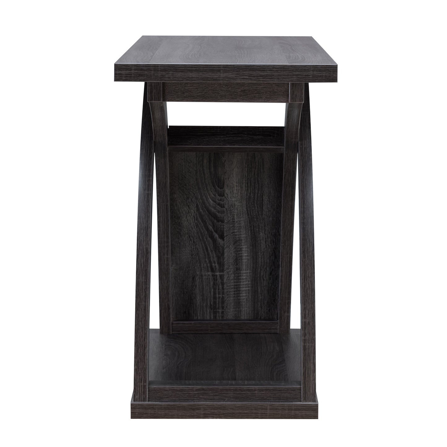 Front-facing side view of a contemporary distressed gray X-base sofa table on a white background