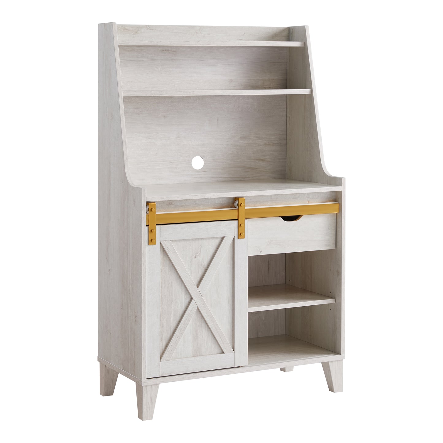 Right angled modern farmhouse white oak sliding door baker's rack on a white background