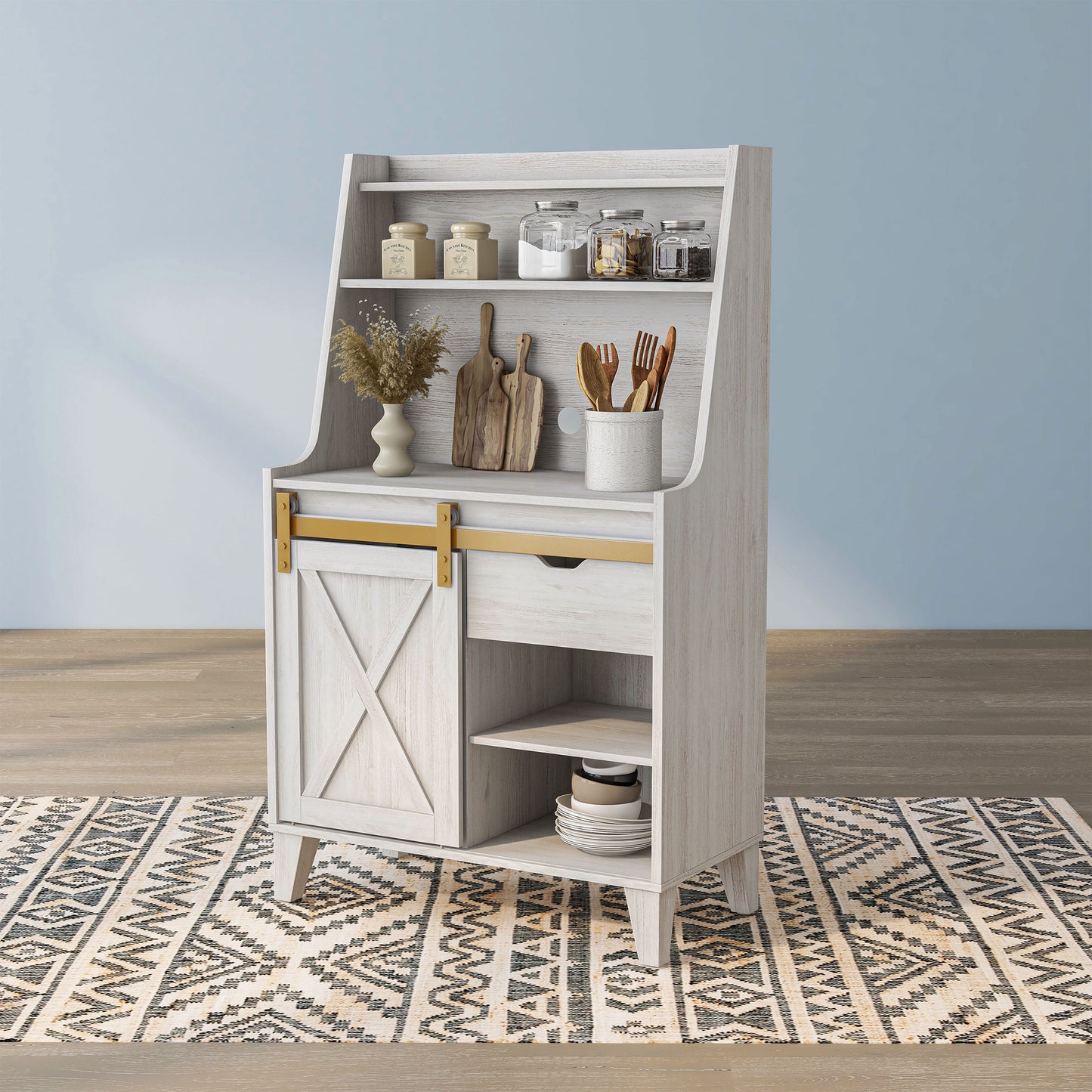 Left angled modern farmhouse white oak sliding door baker's rack on a rug in an empty room