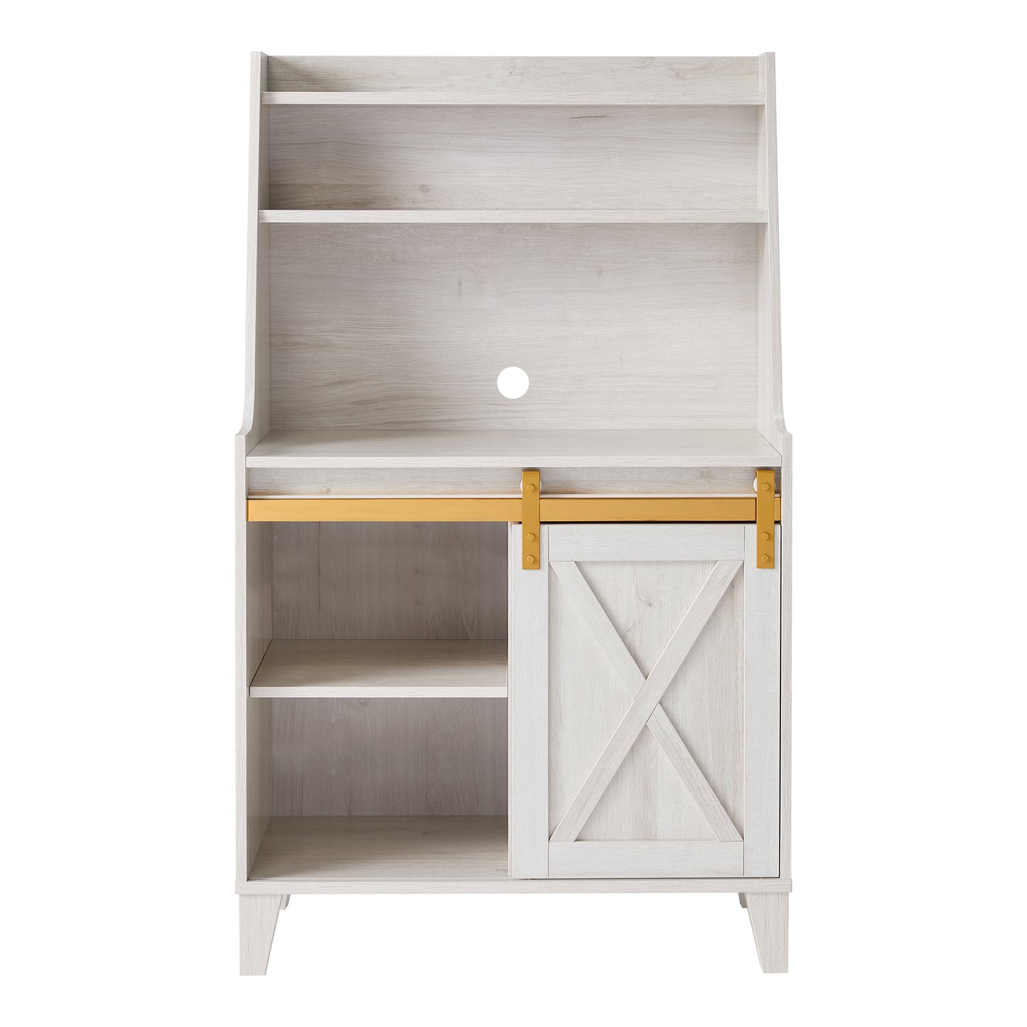 Front-facing modern farmhouse white oak sliding door baker's rack on a white background