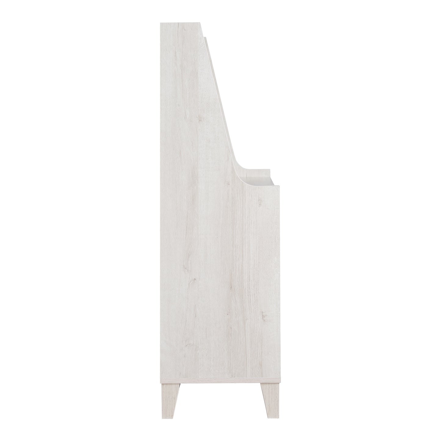Front-facing side view of a modern farmhouse white oak sliding door baker's rack on a white background
