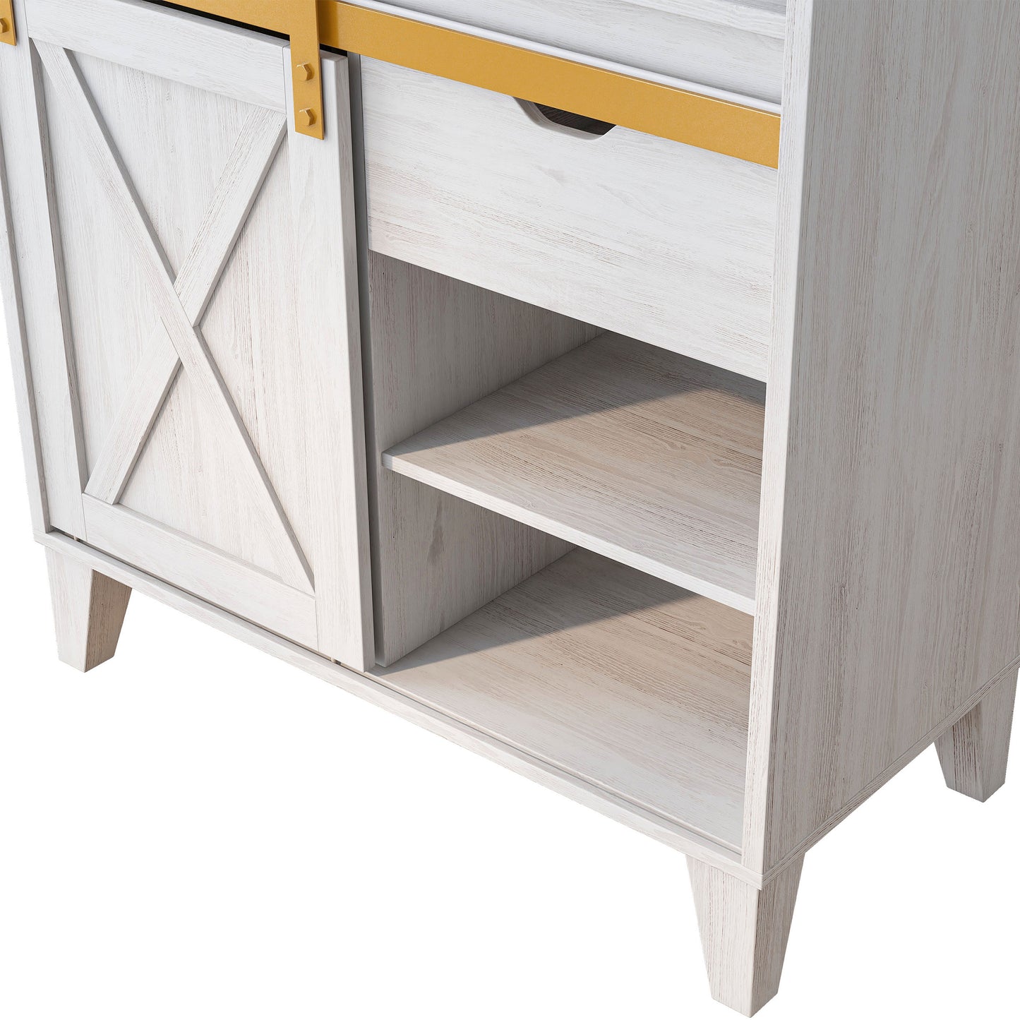 Left angled lower cabinet close-up view of a modern farmhouse white oak sliding door baker's rack on a white background