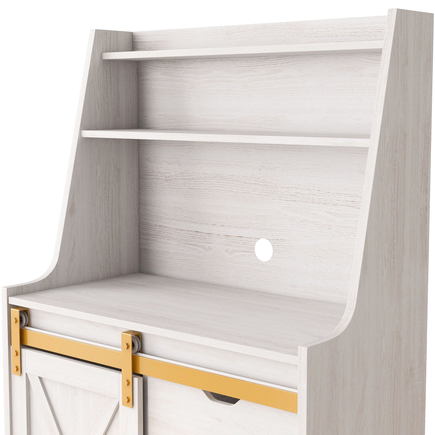 Left angled upper hutch close-up view of a modern farmhouse white oak sliding door baker's rack on a white background