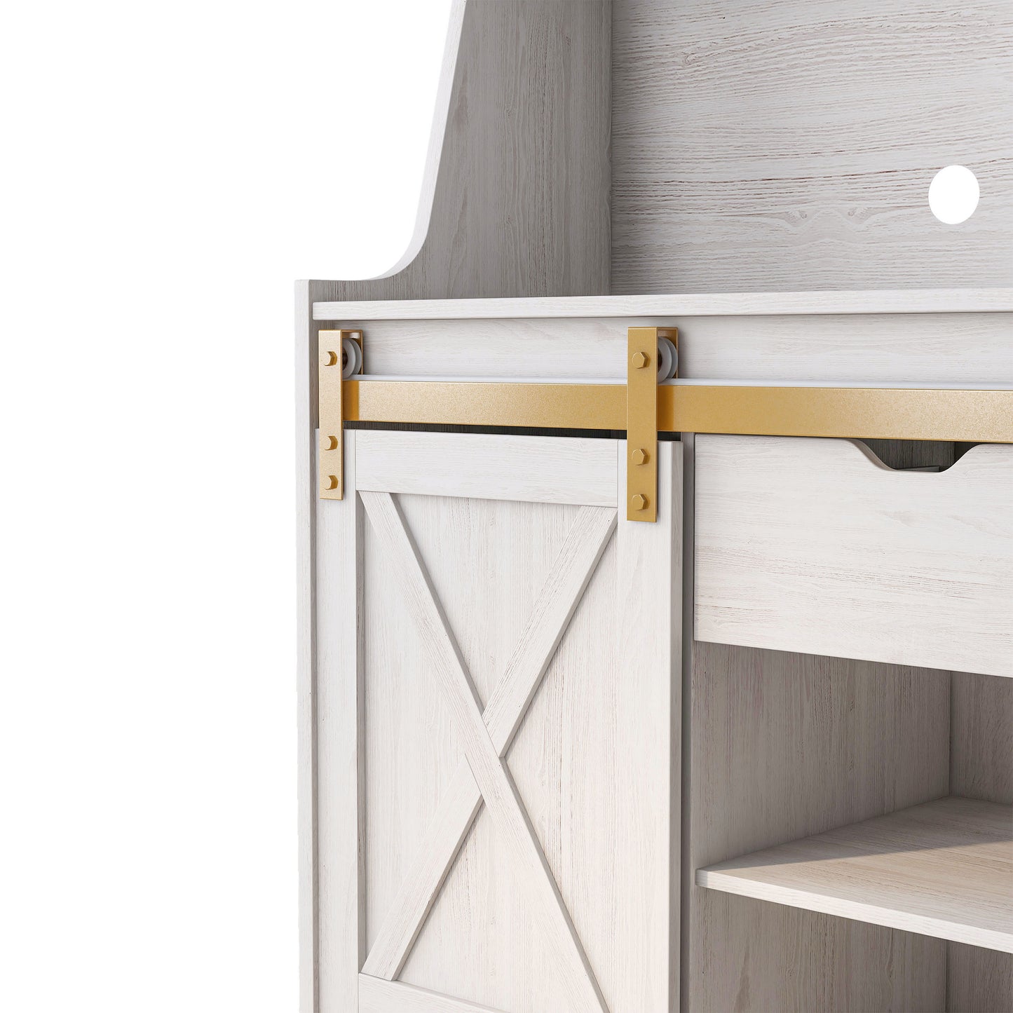 Left angled door/hardware close-up view of a modern farmhouse white oak sliding door baker's rack on a white background