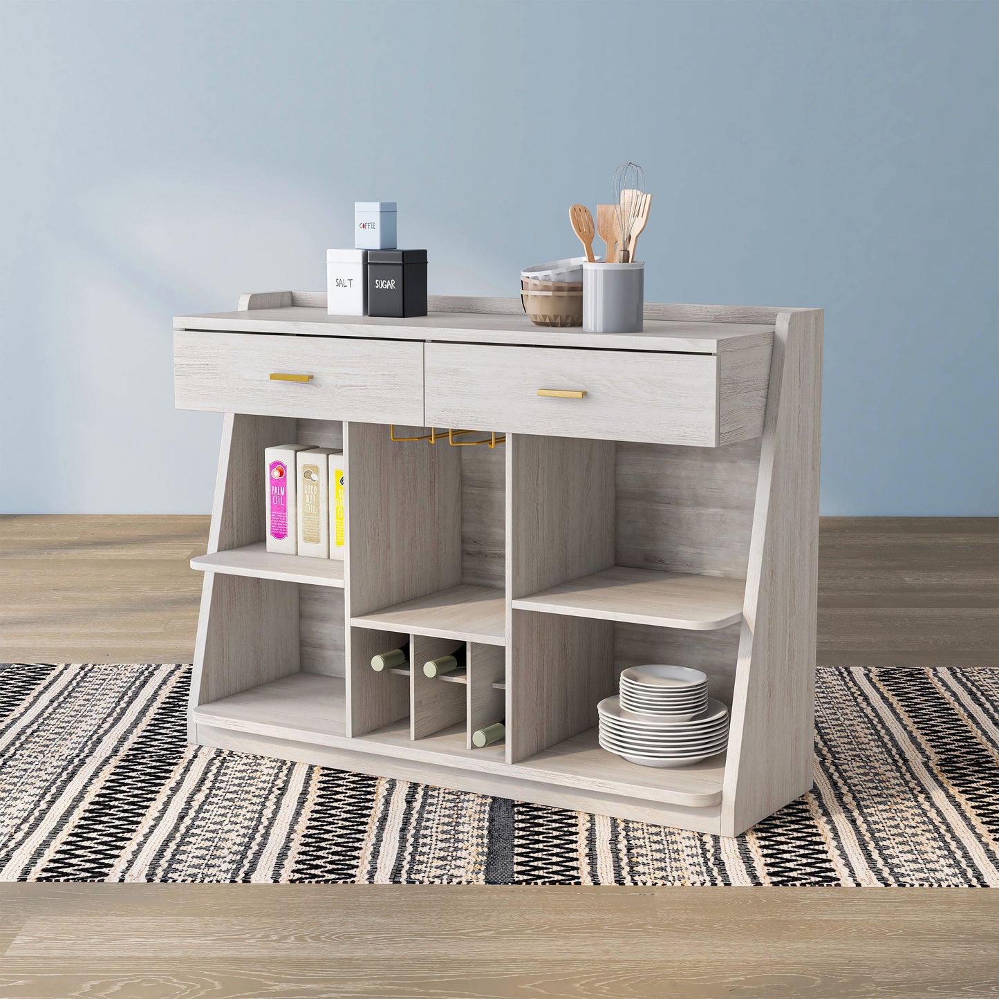 Left angled modern farmhouse white oak five-shelf two-drawer buffet with wine storage on a rug in an empty room