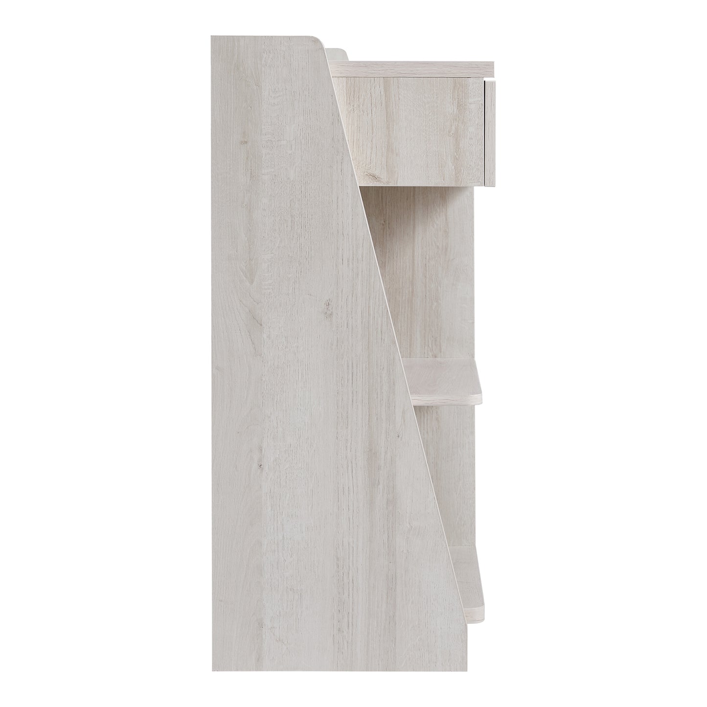 Front-facing side view of a modern farmhouse white oak five-shelf two-drawer buffet with wine storage on a white background
