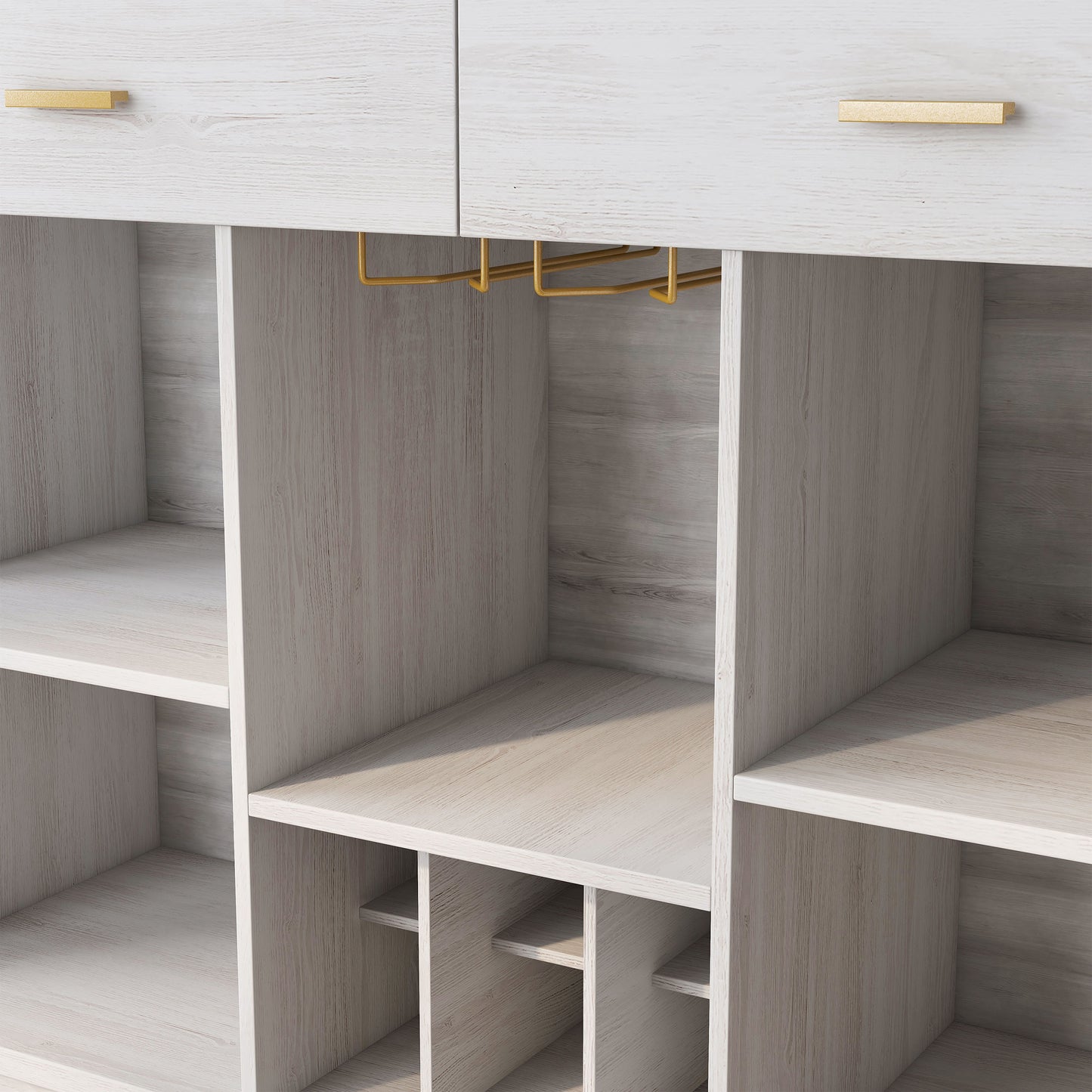 Left angled wine and stemware storage close-up of a modern farmhouse white oak five-shelf two-drawer buffet with wine storage