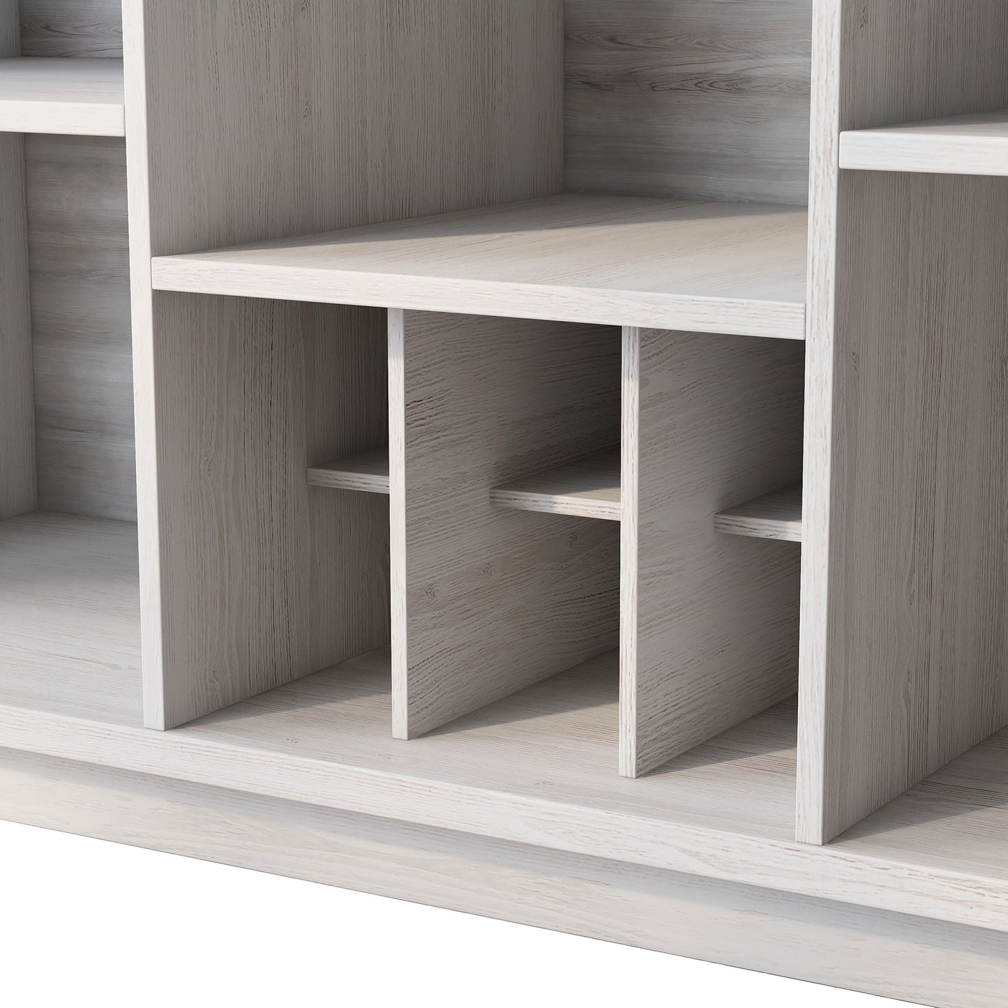 Left angled bottle storage close-up of a modern farmhouse white oak five-shelf two-drawer buffet with wine storage on a white background