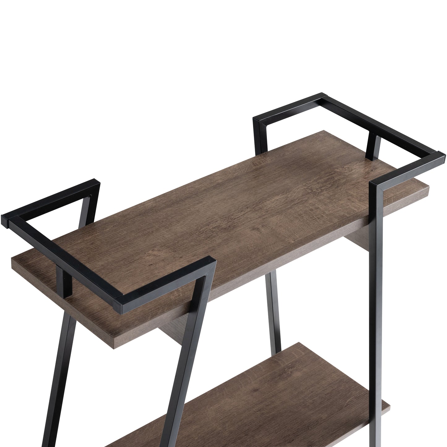Right angled close-up shelf view of an urban industrial walnut oak and black two-shelf geometric console table on a white background