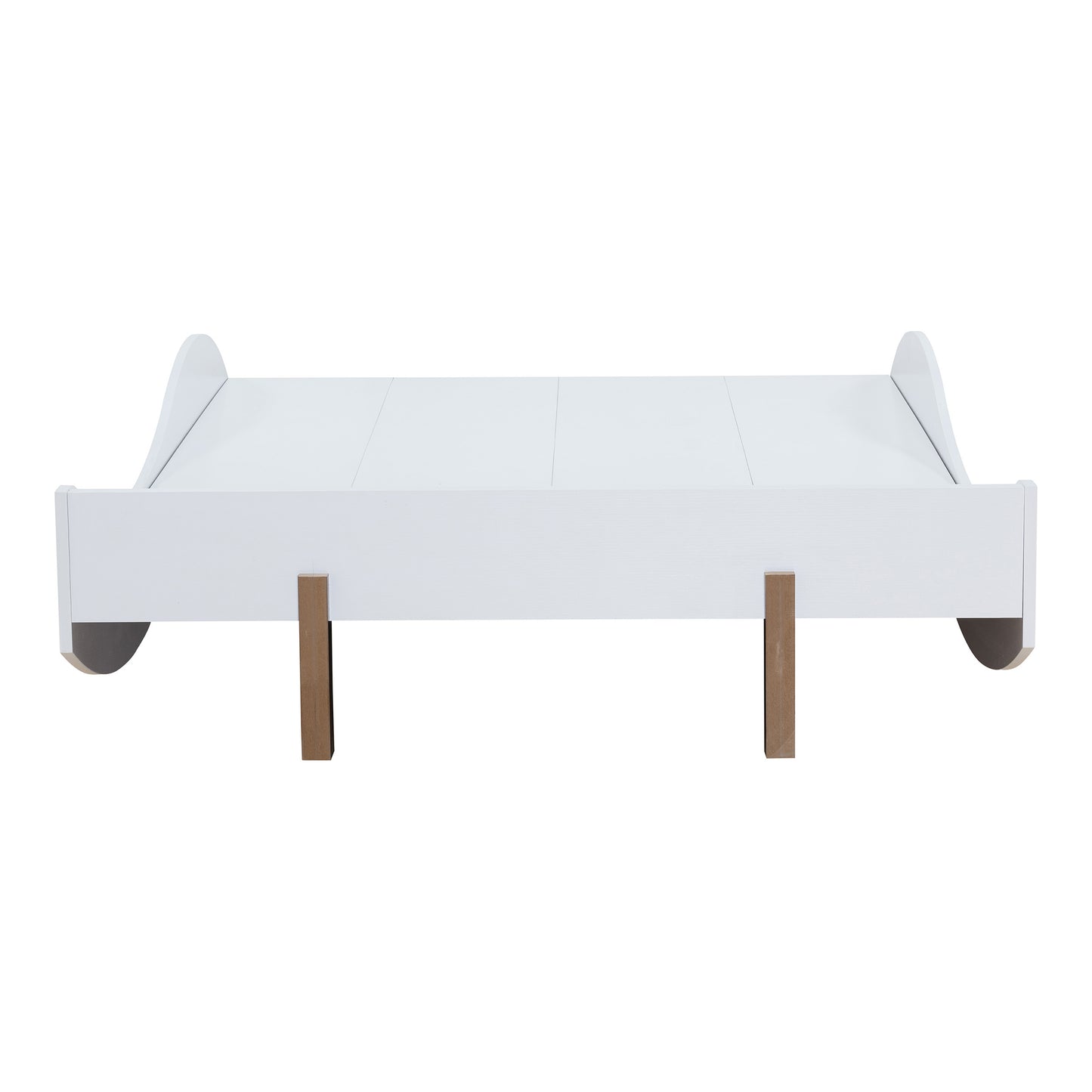 Front-facing back view of a contemporary white curvy queen platform bed on a white background